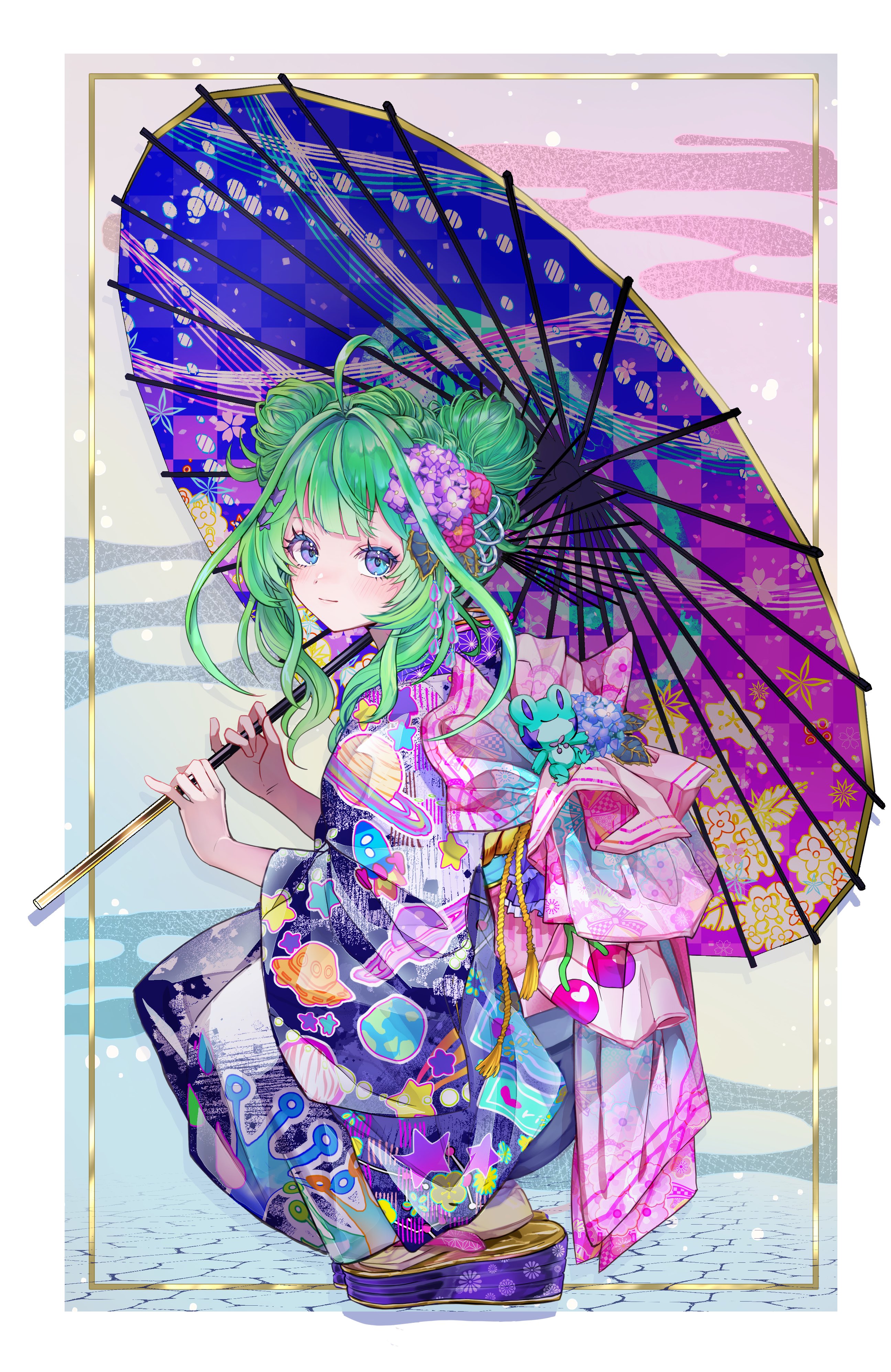 indie virtual youtuber, absurdres, commentary, commission, english commentary, highres, skeb commission, 1girl, ahoge, blue eyes, border, closed mouth, double bun, flower, full body, green hair, hair bun, hair flower, hair ornament, japanese clothes, kimono, long hair, long sleeves, looking at viewer, multicolored kimono, oil-paper umbrella, outside border, plibbit (vtuber), print kimono, purple kimono, purple sandals, purple umbrella, sandals, solo, squatting, star (symbol), stuffed animal, stuffed frog, stuffed toy, umbrella, virtual youtuber, white border, wide sleeves, xxcaaan