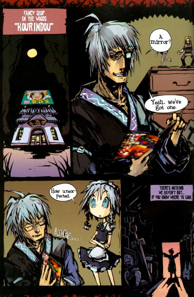 genocide kitten, carbuncle (puyopuyo), cardboard box gundam, izayoi sakuya, morichika rinnosuke, madou monogatari, puyopuyo, touhou, hard-translated, third-party edit, translated, 1boy, 1girl, blue eyes, braid, cameo, english text, left-to-right manga, maid, short hair