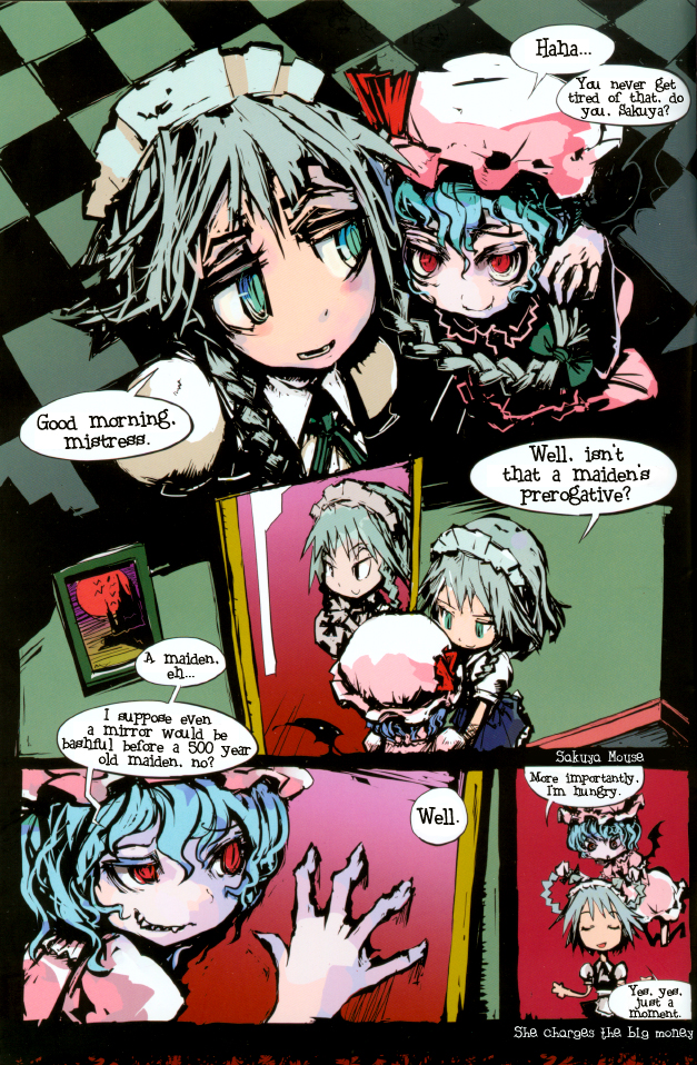 genocide kitten, izayoi sakuya, remilia scarlet, touhou, hard-translated, third-party edit, translated, 2girls, blue eyes, blush, braid, comic, english text, female focus, hat, indoors, left-to-right manga, maid, mirror, multiple girls, short hair, tiles, upper body, wings