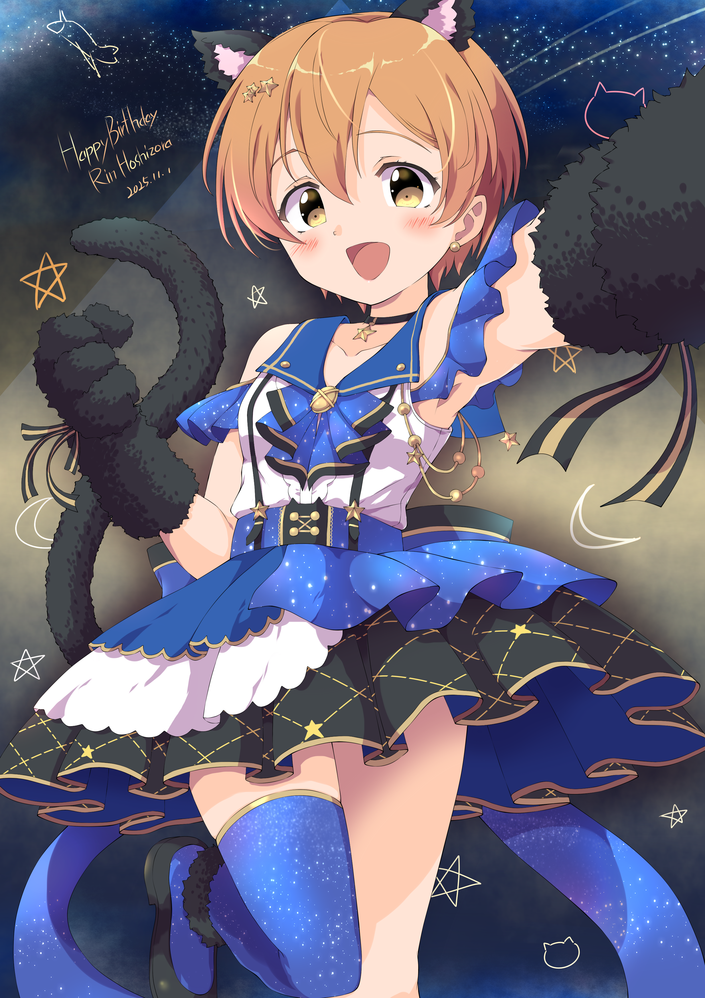 sen (sen0910), hoshizora rin, love live!, love live! school idol project, absurdres, highres, 1girl, animal ears, animal hands, birthday, blue thighhighs, blush, cat ears, cat paws, cat tail, character name, choker, constellation, earrings, frilled skirt, frills, gloves, hair ornament, happy birthday, jewelry, layered skirt, leg up, looking at viewer, open mouth, orange hair, outstretched arm, paw gloves, shirt, short hair, single thighhigh, skirt, sleeveless, sleeveless shirt, smile, solo, standing, star (symbol), star choker, star hair ornament, tail, thighhighs, yellow eyes