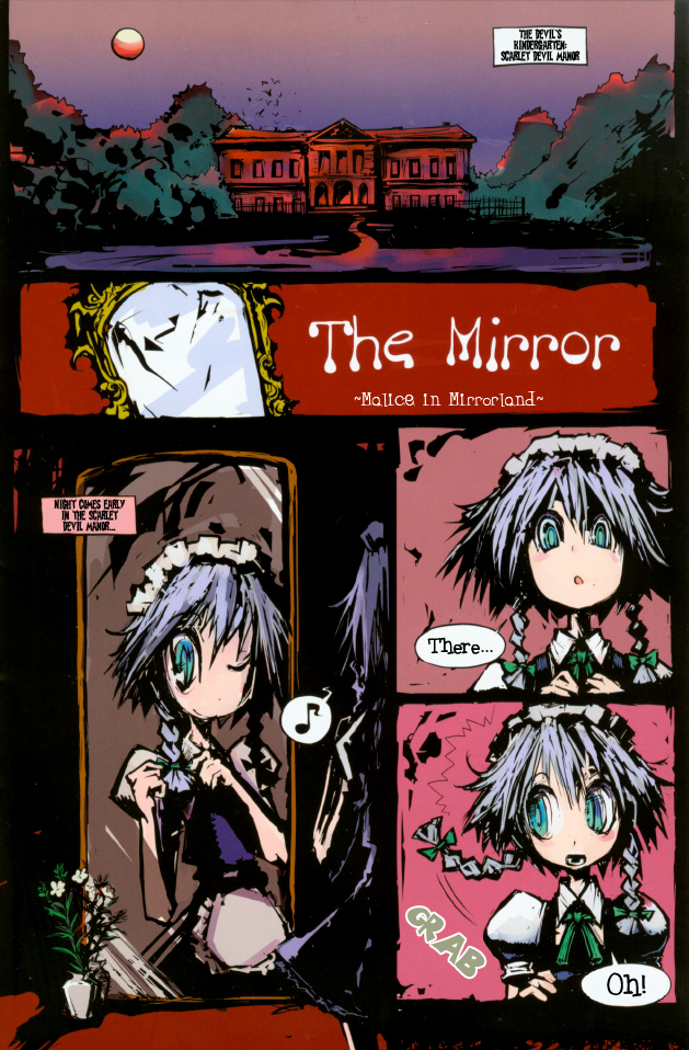 genocide kitten, izayoi sakuya, touhou, hard-translated, third-party edit, translated, 1girl, blue eyes, blush, braid, comic, english text, female focus, indoors, left-to-right manga, maid, mirror, nature, outdoors, plant, short hair, sky, solo, upper body
