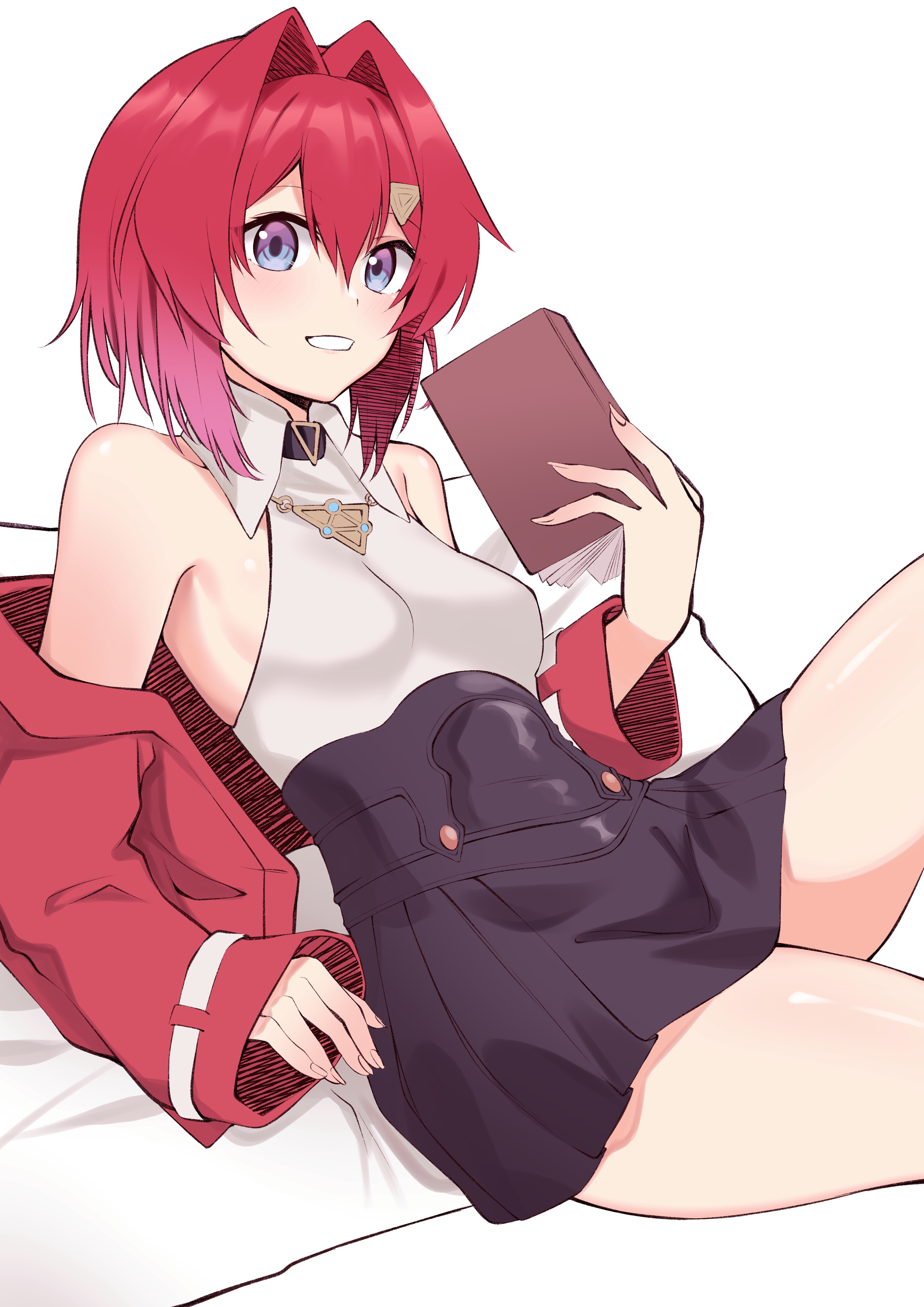 viet (yomi0556), ange katrina, ange katrina (2nd costume), nijisanji, absurdres, commentary request, highres, 1girl, bare shoulders, black skirt, blue eyes, blush, book, breasts, collared halterneck, collared shirt, cowboy shot, grin, hair between eyes, hair intakes, hair ornament, halterneck, hand up, high-waist skirt, holding, holding book, jacket, leaning back, lips, long sleeves, looking at viewer, medium hair, miniskirt, off shoulder, open clothes, open jacket, pleated skirt, purple eyes, red hair, red jacket, shiny skin, shirt, shirt tucked in, sideboob, simple background, sitting, skirt, small breasts, smile, solo, triangle hair ornament, virtual youtuber, white background, white shirt