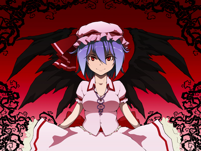 marotang, mashuasaryo, remilia scarlet, touhou, 1girl, bat wings, blue hair, female focus, hat, red eyes, short hair, solo, wings