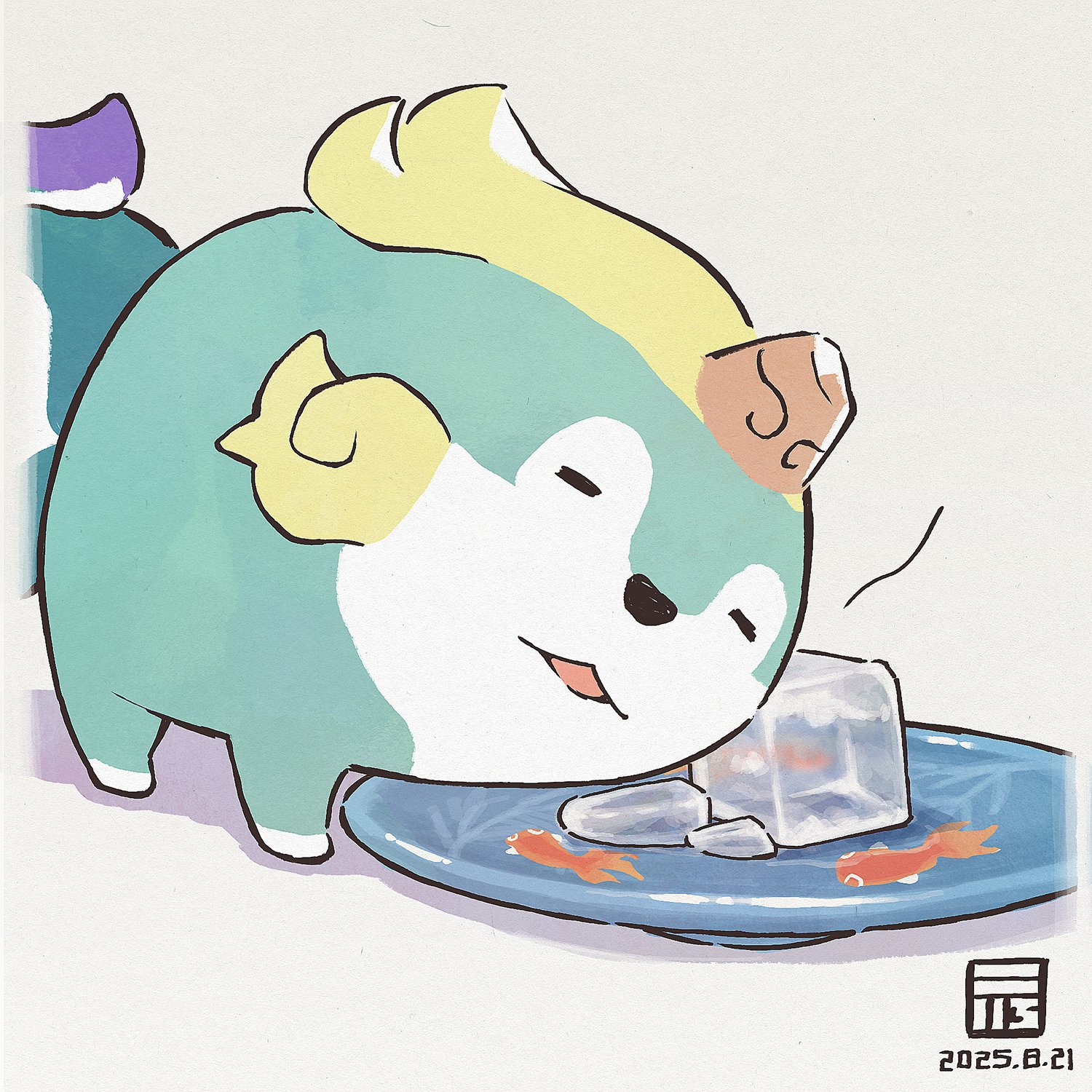 y koichi, tensui no sakuna-hime, highres, animal focus, closed eyes, dated, ice, ice cube, no humans, open mouth, plate, simple background, tama-jii, white background