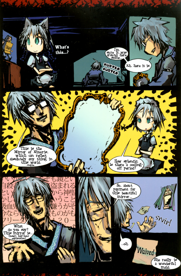 genocide kitten, cardboard box gundam, izayoi sakuya, morichika rinnosuke, touhou, hard-translated, third-party edit, translated, 1boy, 1girl, animal ears, blue eyes, box, braid, cardboard box, comic, english text, indoors, left-to-right manga, maid, mirror, short hair, upper body