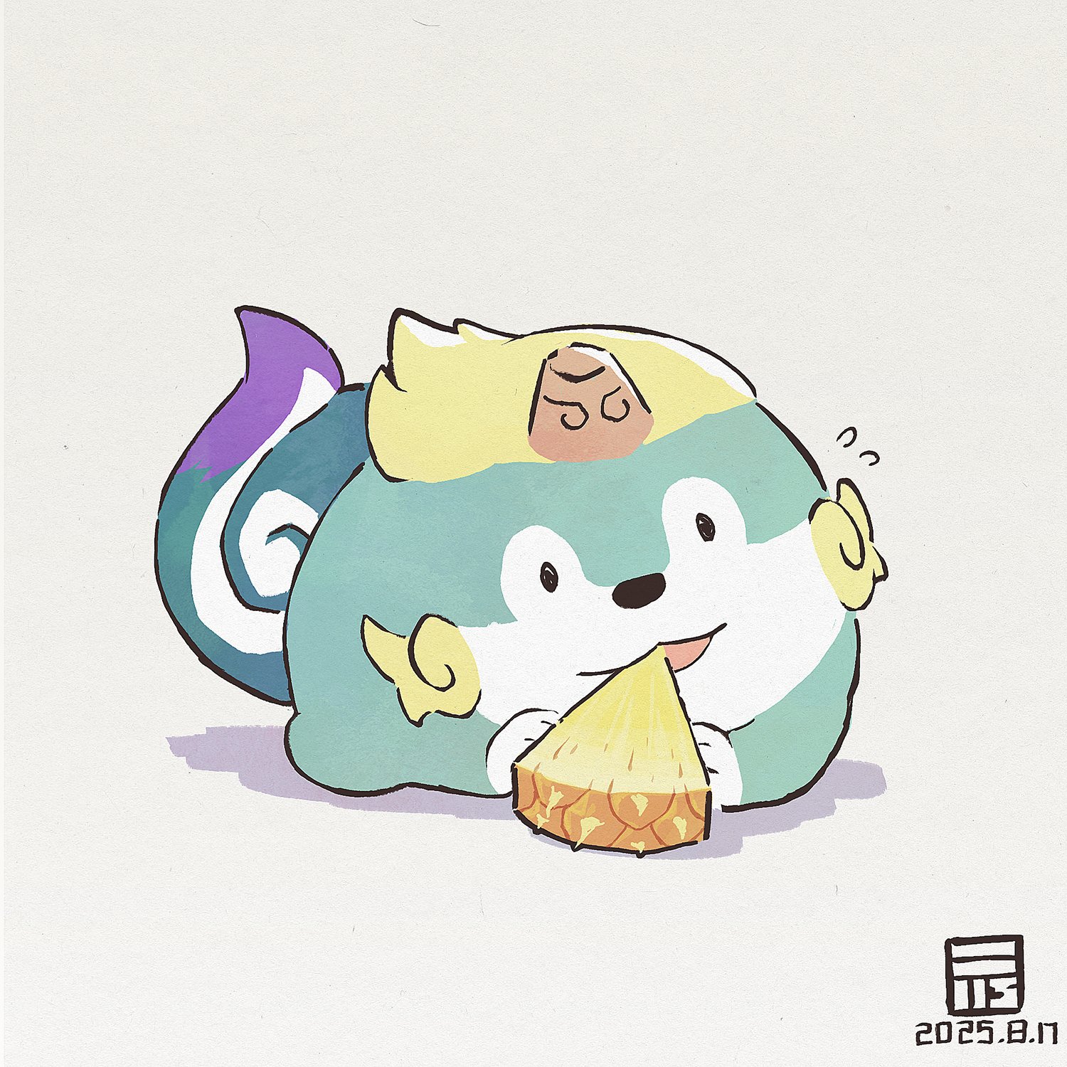 y koichi, tensui no sakuna-hime, highres, animal focus, dated, eating, flying sweatdrops, food, fruit, no humans, open mouth, pineapple, pineapple slice, simple background, solo, tama-jii, white background