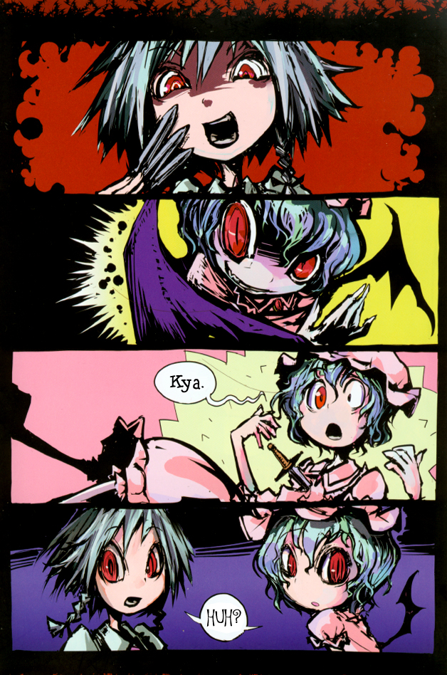 genocide kitten, izayoi sakuya, remilia scarlet, touhou, hard-translated, third-party edit, translated, 2girls, braid, comic, english text, female focus, hat, left-to-right manga, maid, multiple girls, red eyes, short hair, upper body, wings