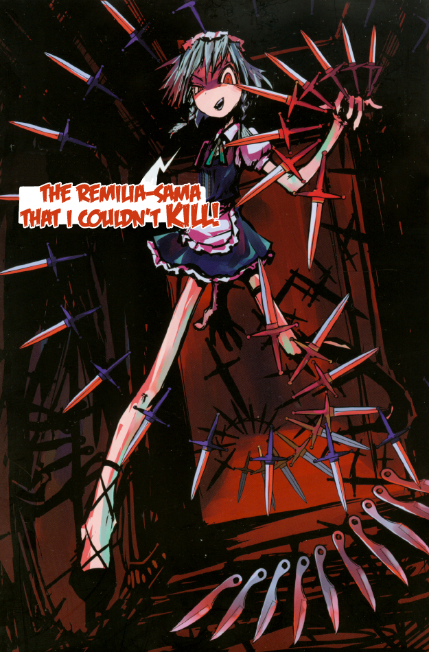 genocide kitten, izayoi sakuya, touhou, duplicate, hard-translated, third-party edit, translated, 1girl, braid, english text, female focus, knife, left-to-right manga, maid, red eyes, short hair, solo, throwing knife, weapon