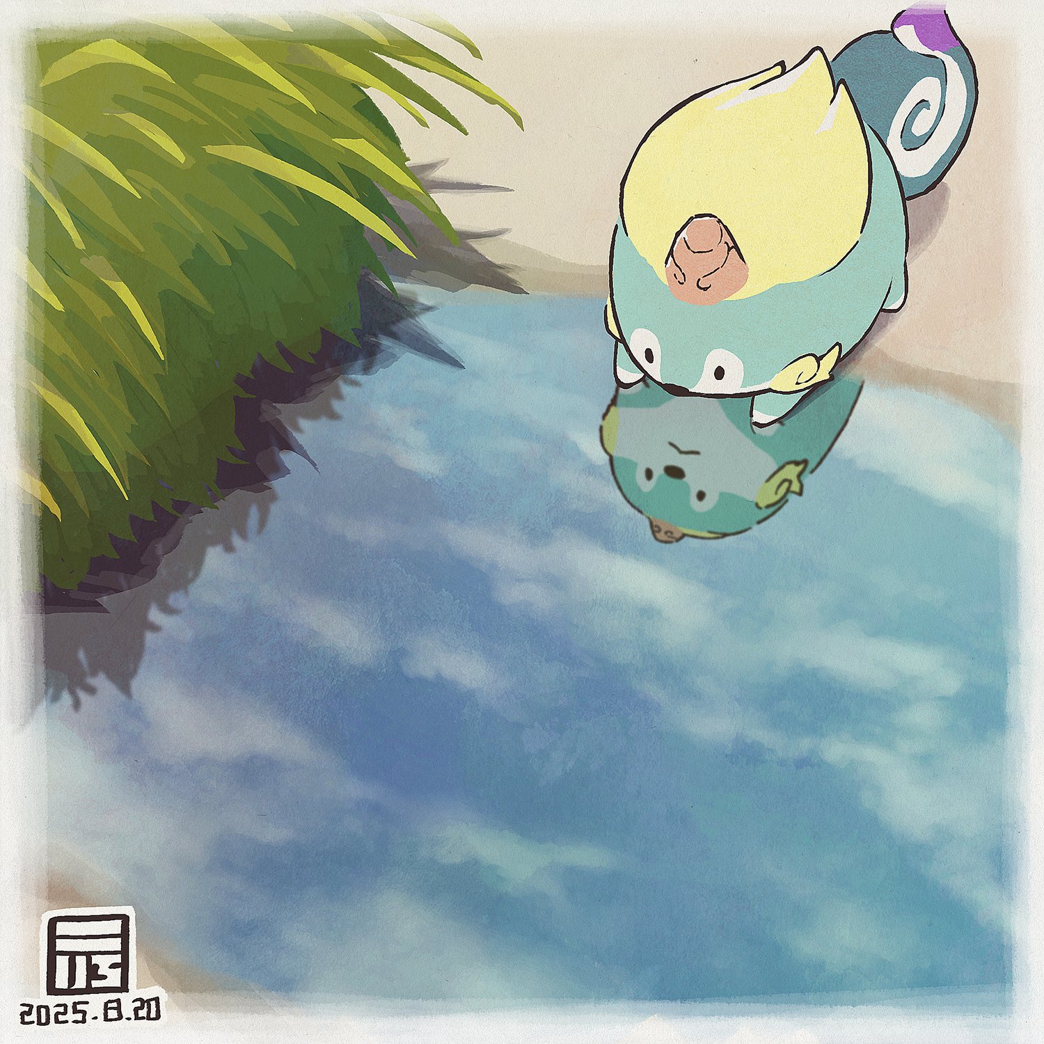 y koichi, tensui no sakuna-hime, highres, animal focus, closed mouth, dated, no humans, reflection, reflective water, solo, tama-jii, water