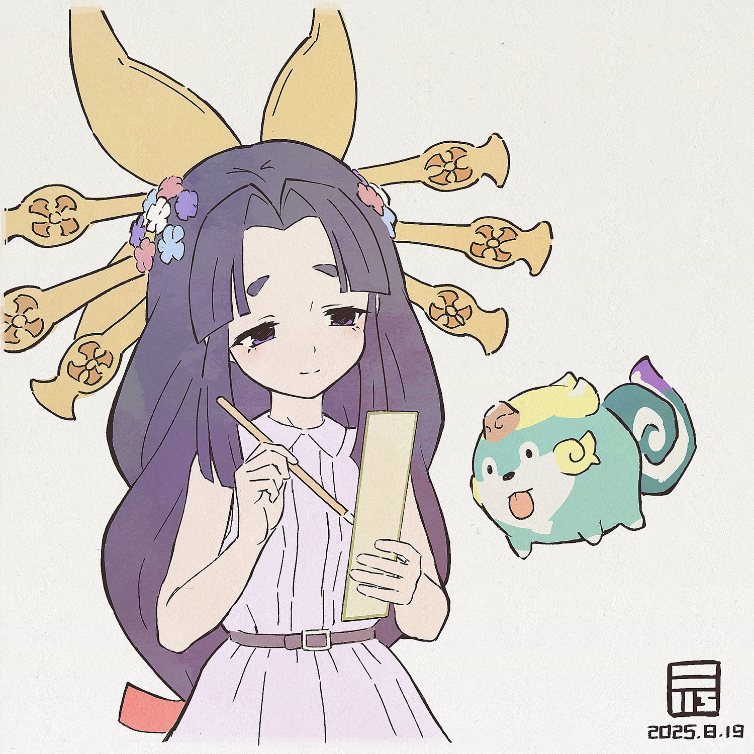 y koichi, tensui no sakuna-hime, character request, highres, 1girl, bare arms, bare shoulders, closed mouth, collared dress, dated, dress, flower, hair flower, hair ornament, long hair, purple dress, purple eyes, purple hair, simple background, sleeveless, sleeveless dress, smile, tama-jii, thick eyebrows, tongue, tongue out, upper body, white background