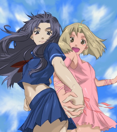 ns-0312, shino (pixiv855349), sugimoto reimi, yamagishi yukako, jojo no kimyou na bouken, macross, macross frontier, bad id, bad pixiv id, lowres, 2girls, armband, ass, back-to-back, black eyes, black hair, brown eyes, brown hair, cloud, day, dress, ghost, hairband, holding hands, lion (macross frontier), long hair, midriff, multiple girls, navel, open mouth, parody, ribbon, school uniform, serafuku, short dress, sky, smile