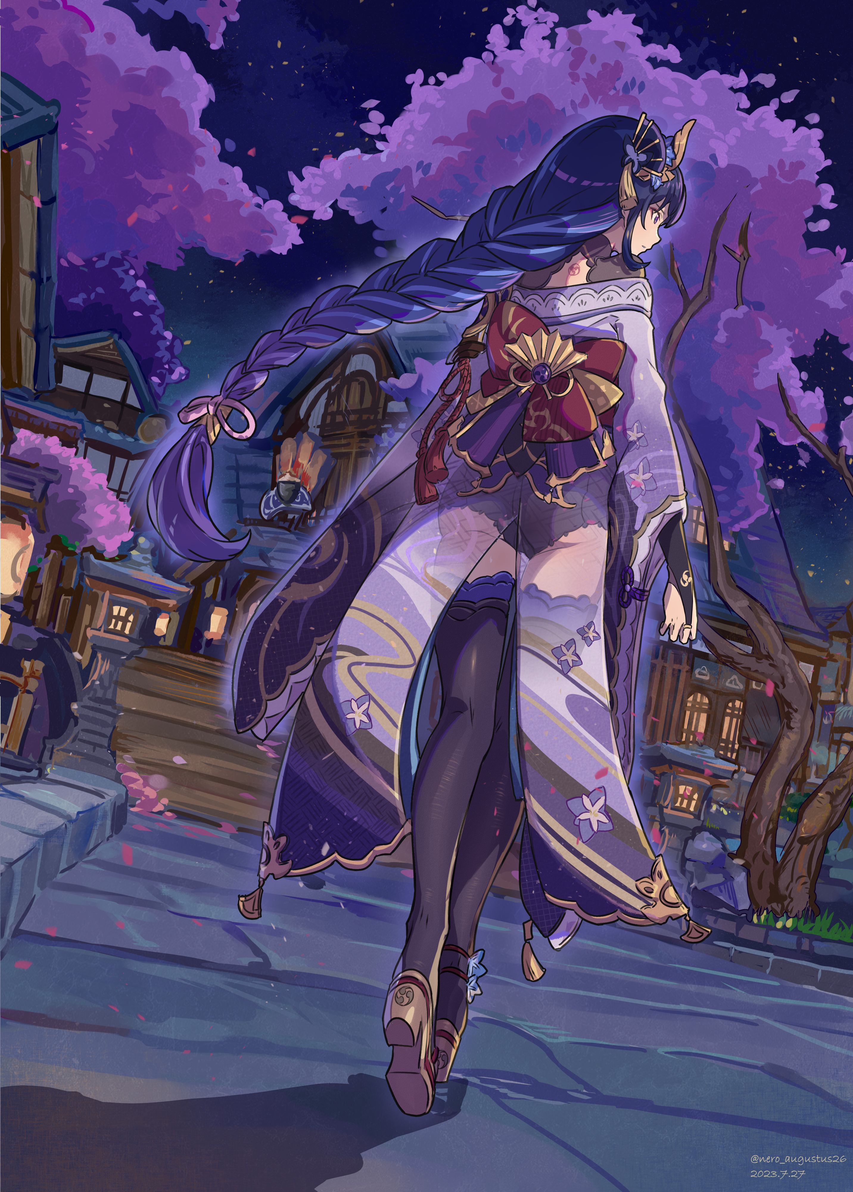 nero augustus, raiden shogun, genshin impact, absurdres, commentary request, highres, variant set, 1girl, architecture, artist name, ass, back bow, black bridal gauntlets, black panties, black thighhighs, bow, braid, bridal gauntlets, dated, dutch angle, east asian architecture, fan hair ornament, flower, from behind, full body, gold trim, japanese clothes, kimono, long hair, long sleeves, low-braided long hair, low-tied long hair, night, outdoors, over-kneehighs, panties, purple eyes, purple flower, purple hair, purple kimono, red bow, solo, thighhighs, tree, underwear, very long hair, walking, walking away, wide sleeves, x-ray