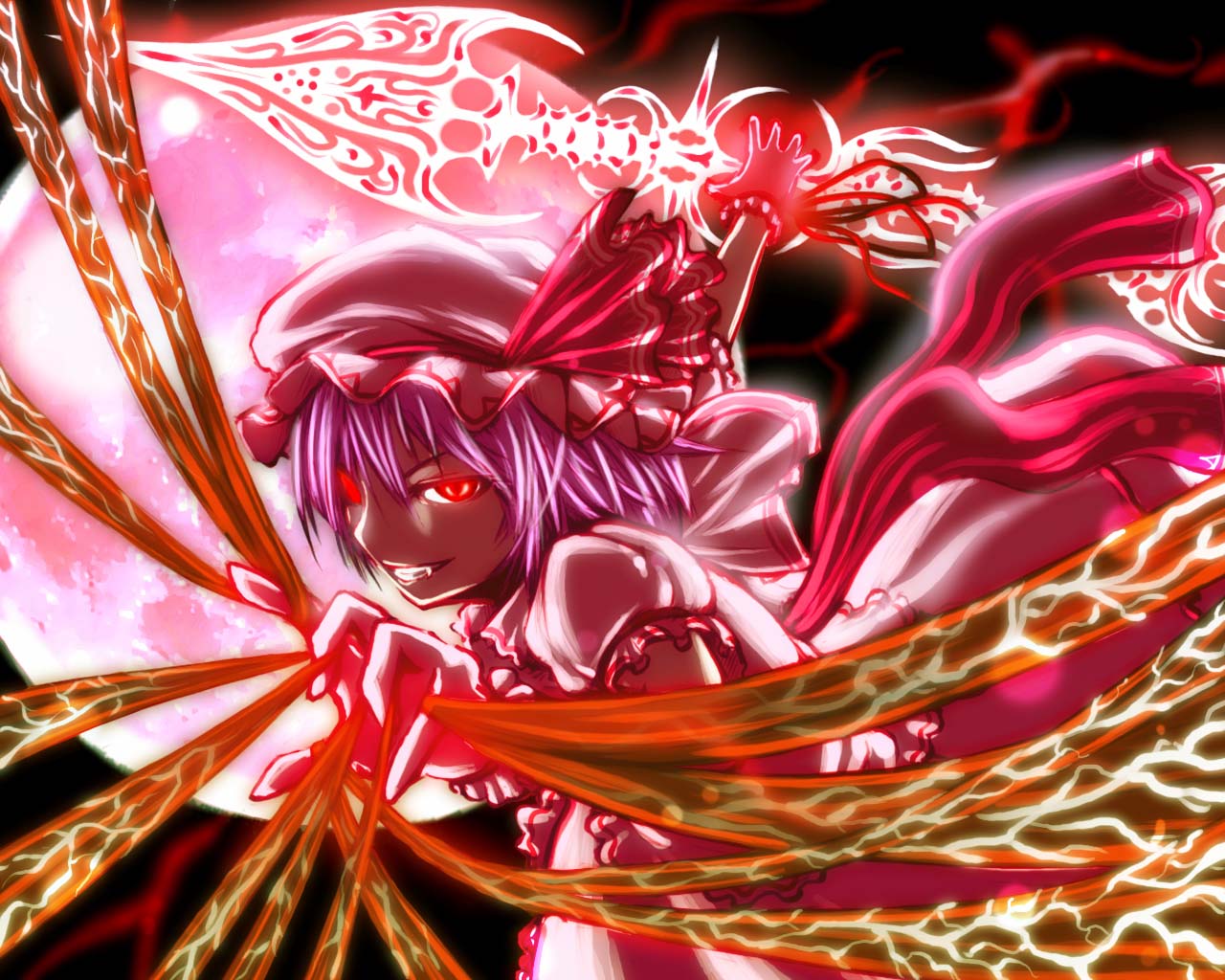 verynezumi, remilia scarlet, touhou, 1girl, fangs, female focus, glowing, glowing eyes, hat, moon, outdoors, polearm, red eyes, red moon, short hair, sky, solo, spear, spear the gungnir, weapon