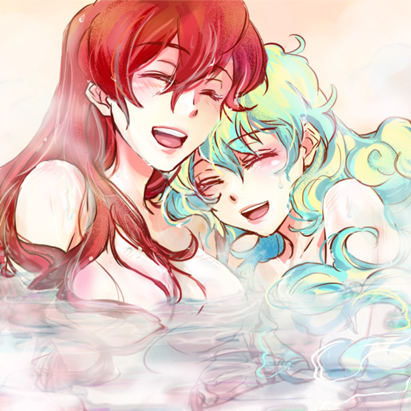taira momen, nia teppelin, yoko littner, tengen toppa gurren lagann, 00s, 2girls, bath, bathing, blue hair, blush, breasts, closed eyes, completely nude, large breasts, long hair, multicolored hair, multiple girls, nude, open mouth, red hair, smile, water