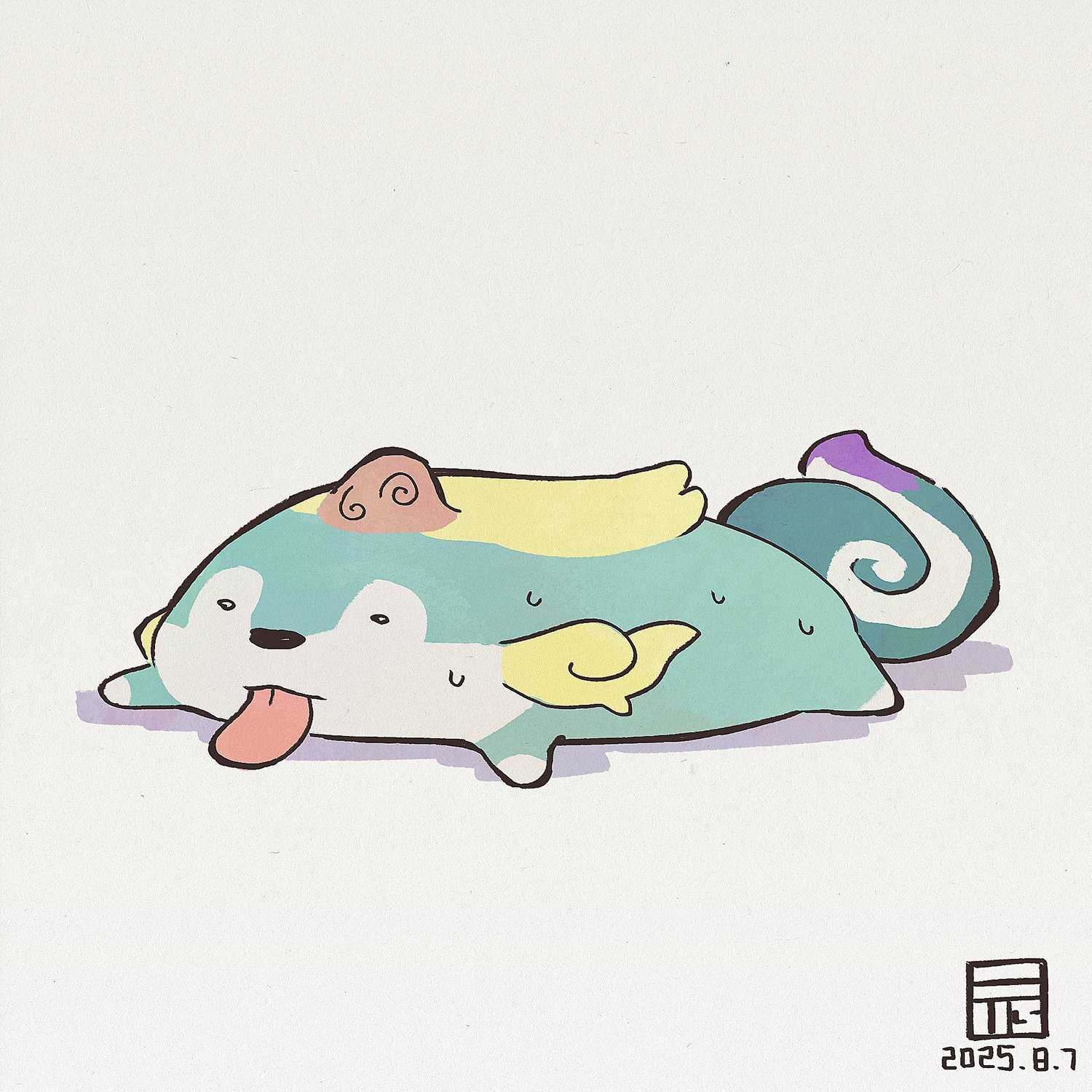 y koichi, tensui no sakuna-hime, commentary request, highres, :p, animal focus, hot, lying, no humans, on stomach, simple background, solo, sweat, tama-jii, tongue, tongue out, white background