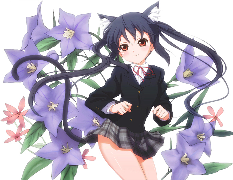 kimitoshiin, nakano azusa, k-on!, bad id, bad pixiv id, 00s, 1girl, animal ears, black hair, blazer, bloom, brown eyes, cat ears, cat girl, cat tail, female focus, floral background, flower, jacket, long hair, neck ribbon, plaid clothes, plaid skirt, red ribbon, ribbon, school uniform, skirt, smile, solo, tail, twintails