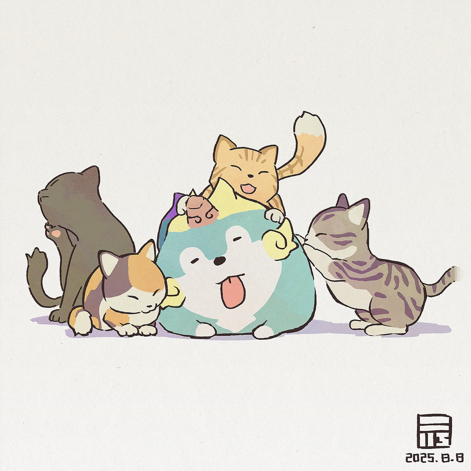 y koichi, tensui no sakuna-hime, commentary request, highres, :p, animal, animal focus, cat, closed eyes, closed mouth, dated, no humans, simple background, tama-jii, tongue, tongue out, white background