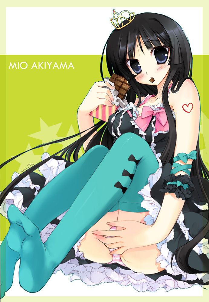 mamita, akiyama mio, k-on!, bad id, bad pixiv id, 00s, 1girl, black hair, blue eyes, candy, chocolate, chocolate bar, feet, female focus, food, frills, lingerie, long hair, mouth hold, panties, pantyshot, petticoat, pink panties, sitting, solo, striped clothes, striped panties, thighhighs, tiara, underwear