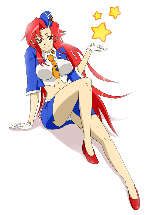 kogeta0124, yoko littner, pieces of sweet stars, tengen toppa gurren lagann, bad id, bad pixiv id, 00s, 1girl, female focus, gloves, hat, long hair, midriff, necktie, panties, pantyshot, pencil skirt, red hair, skirt, smile, solo, star (symbol), underwear, white gloves, yellow eyes