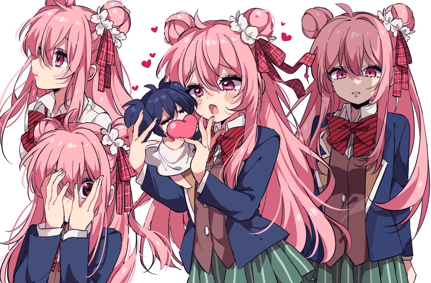 rumic 0620, koube shio, matsuzaka satou, happy sugar life, hashtag-only commentary, 2girls, blue jacket, blush, bow, bowtie, brown vest, buttons, collared shirt, covering face, double bun, green skirt, hair bun, hair ribbon, heart, jacket, lapels, long hair, mini person, minigirl, multiple girls, multiple views, pink eyes, pink hair, pleated skirt, red bow, red bowtie, ribbon, school uniform, shirt, simple background, skirt, striped clothes, striped skirt, vest, white background