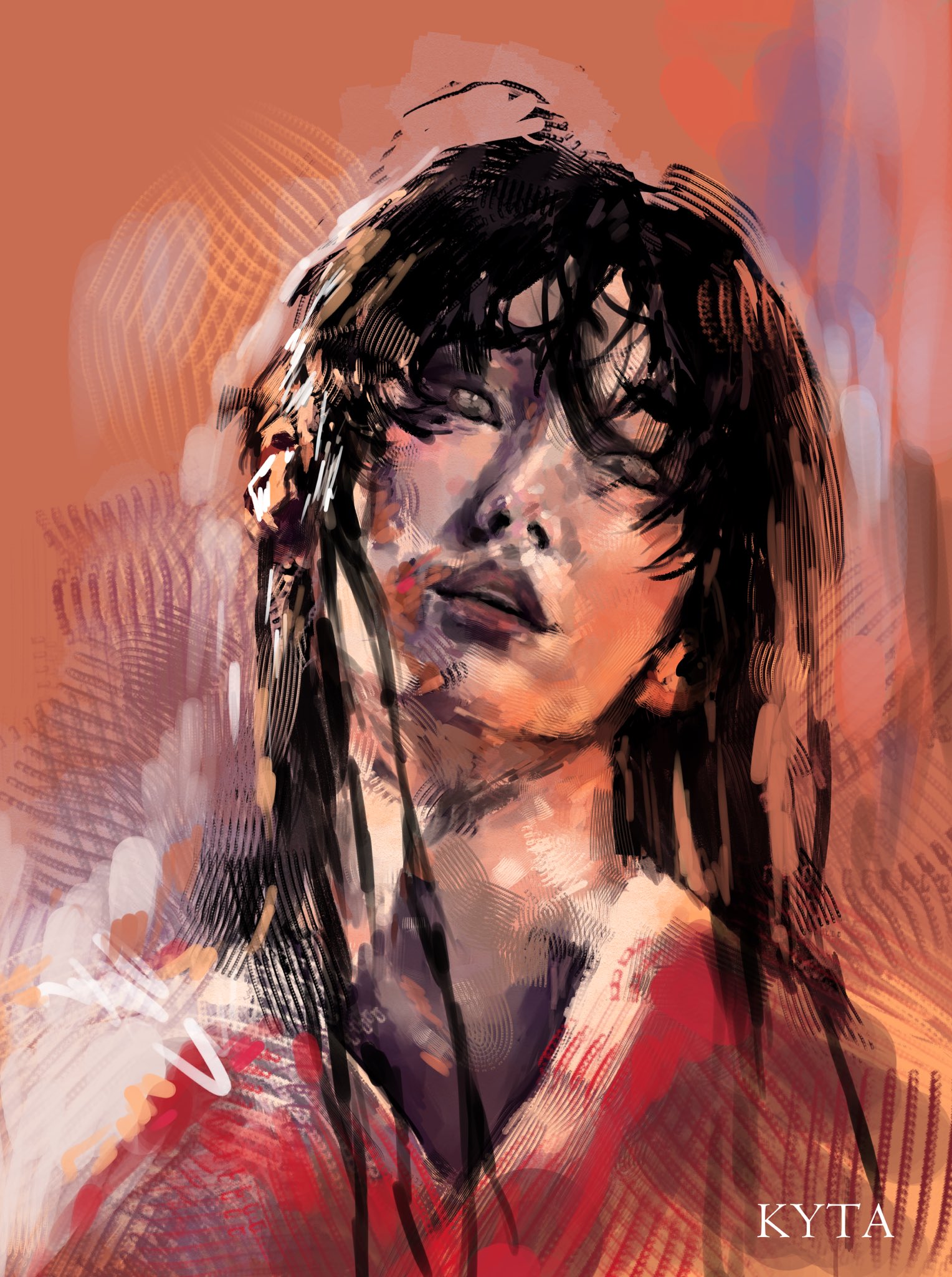 noctis (shadow slave), shadow slave, highres, 1boy, bags under eyes, black eyes, black hair, bloodshot eyes, hair over shoulder, head tilt, kyta 5, long hair, looking at viewer, male focus, painterly, parted lips, portrait, red shirt, shirt, solo