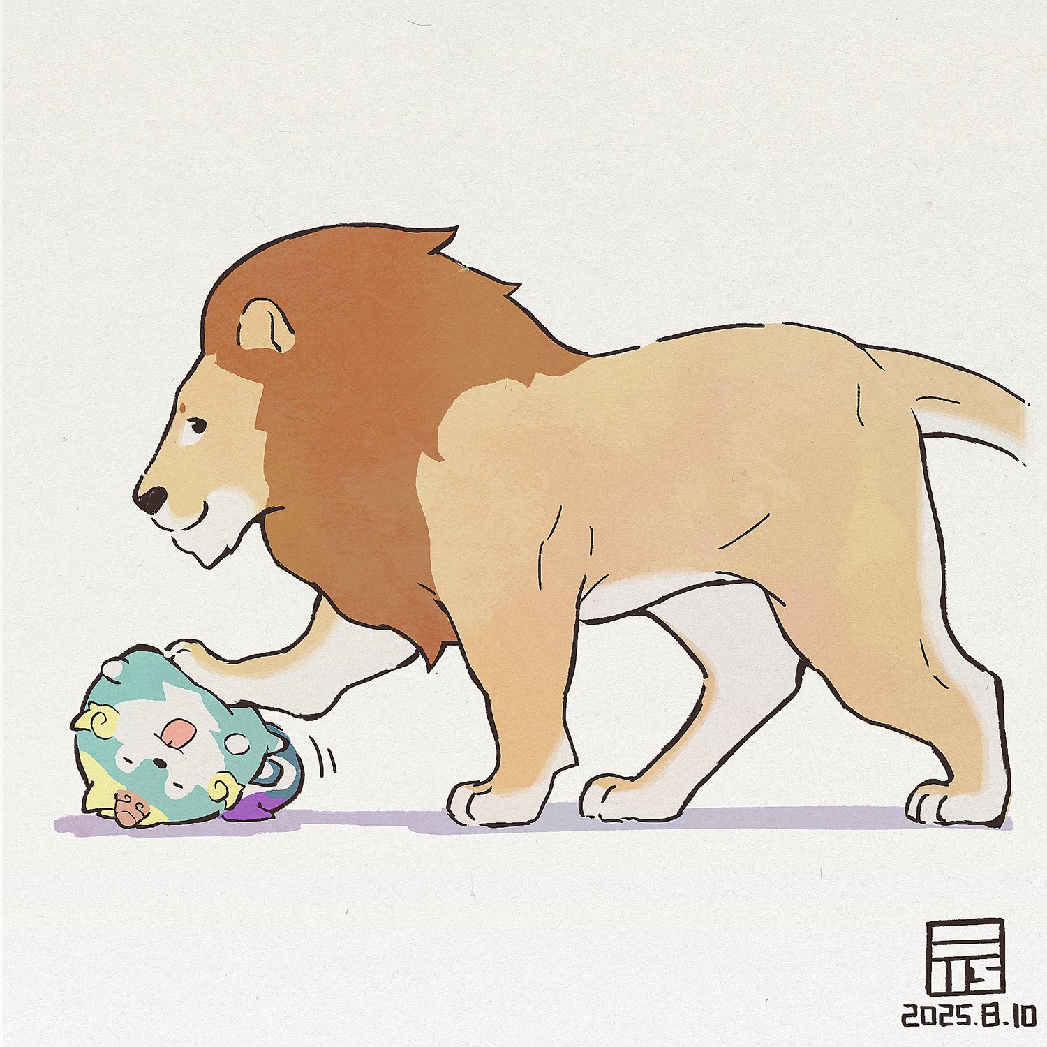 y koichi, tensui no sakuna-hime, commentary request, highres, :p, animal, animal focus, closed eyes, closed mouth, dated, lion, no humans, simple background, tama-jii, tongue, tongue out, white background