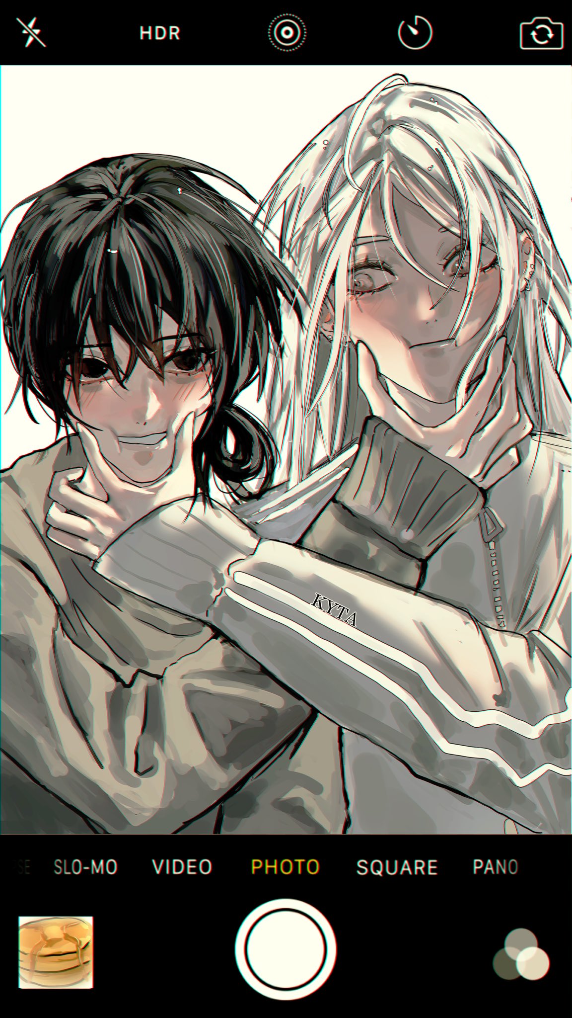 nephis (shadow slave), sunny (shadow slave), shadow slave, highres, 1boy, 1girl, :d, aegyo sal, black eyes, black hair, cheek pinching, fake phone screenshot, fake photograph, fake screenshot, flustered, hair bun, hetero, kyta 5, looking at another, looking at viewer, open mouth, pinching, smile, sweater, upper body, white eyes, white hair, white sweater