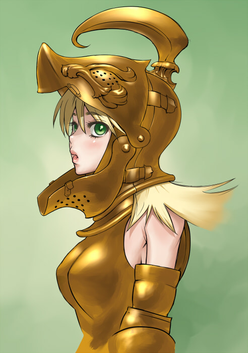 wata do chinkuru, hoshii miki, idolmaster, idolmaster (classic), 00s, 1girl, armor, armpits, blonde hair, breasts, female focus, gradient background, green eyes, helmet, lips, long hair, solo