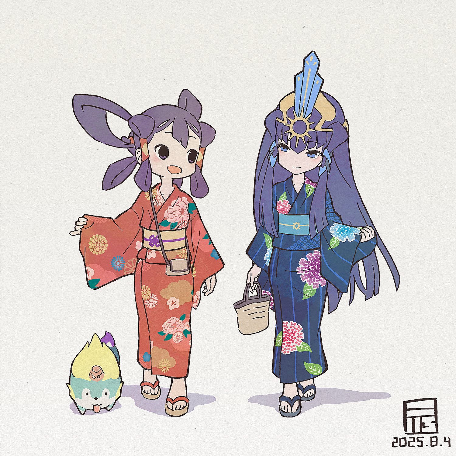 y koichi, kokorowa-hime, sakuna-hime, tensui no sakuna-hime, highres, 2girls, :d, black sandals, blue eyes, blue kimono, blue sash, brown sandals, closed mouth, dated, full body, hat, japanese clothes, kimono, long hair, long sleeves, multiple girls, obi, open mouth, purple eyes, purple hair, red kimono, sandals, sash, short hair, simple background, smile, standing, tama-jii, white background, wide sleeves, yellow hat, yellow sash