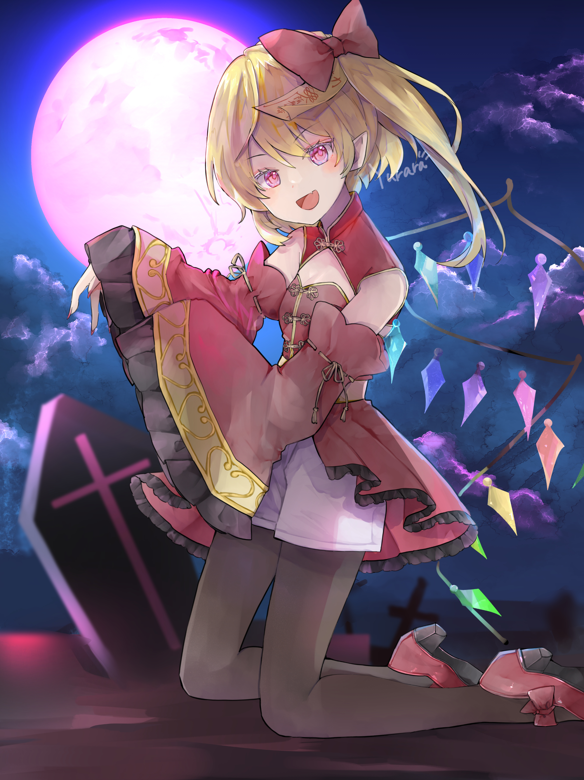 minatsuki yurara, flandre scarlet, touhou, absurdres, commentary request, highres, 1girl, alternate costume, artist name, black pantyhose, blonde hair, blush, bow, breasts, cloud, coffin, crystal, crystal wings, detached sleeves, fang, frilled sleeves, frills, full moon, hair bow, halloween costume, high heels, jiangshi costume, kneeling, looking at viewer, moon, multicolored wings, night, night sky, ofuda, ofuda on head, one side up, open mouth, outstretched arms, pantyhose, pointy ears, purple moon, red bow, red eyes, red nails, red shoes, shoes, shorts, skin fang, sky, small breasts, smile, solo, white shorts, wide sleeves, wings, zombie pose