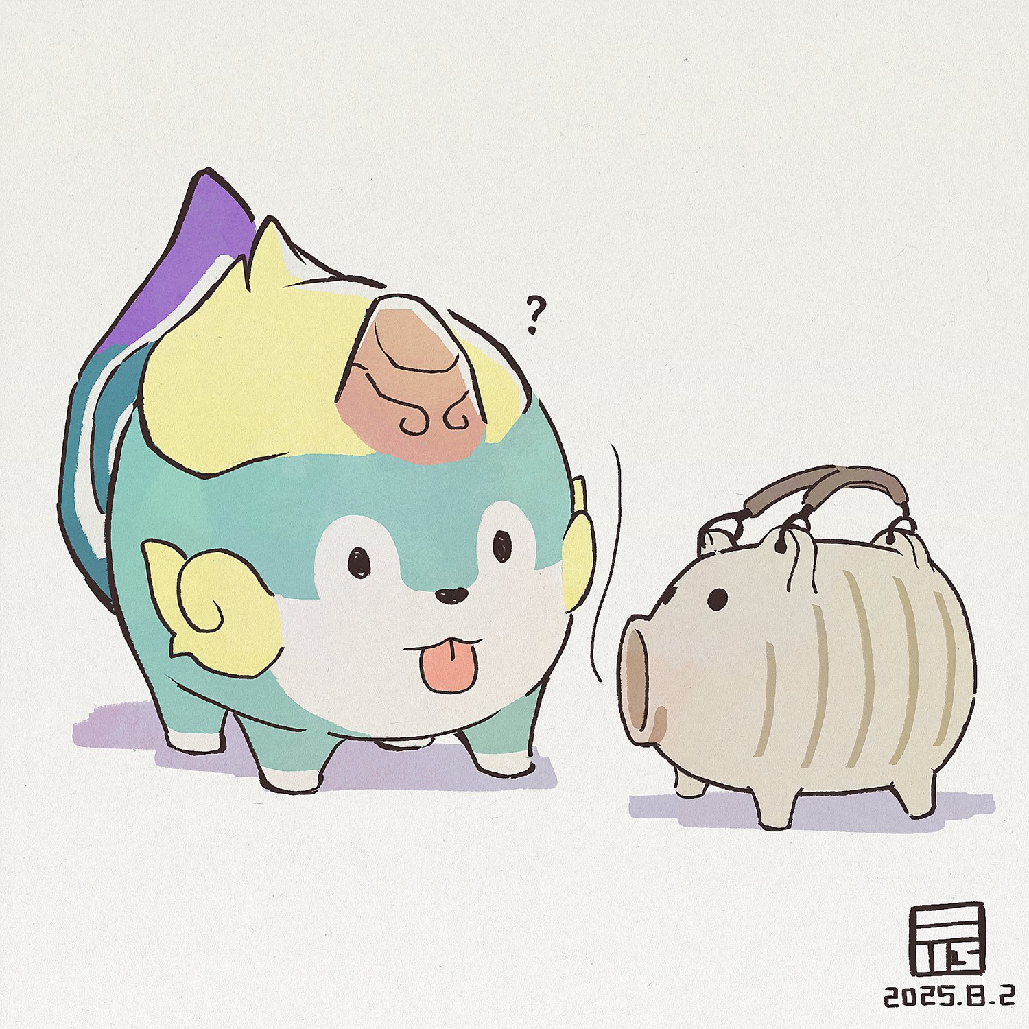 y koichi, tensui no sakuna-hime, highres, :p, ?, animal focus, closed mouth, dated, no humans, simple background, tama-jii, tongue, tongue out, white background