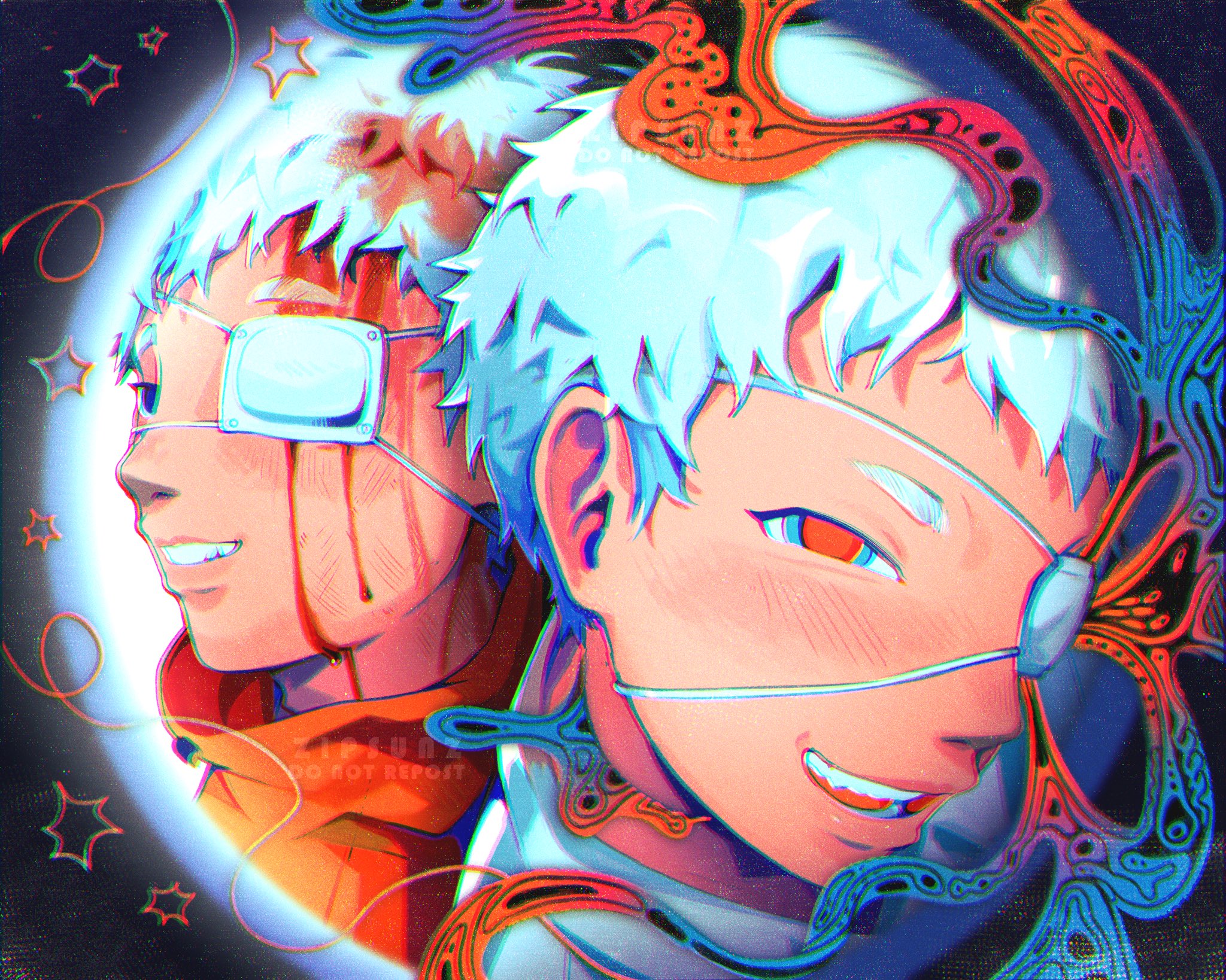 zipsunz, indou hikaru, hikaru ga shinda natsu, highres, 2boys, artist name, black hair, blood, blood in hair, blood on face, blush, collared shirt, dual persona, eyepatch, fisheye, indou hikaru (human), male focus, medical eyepatch, multiple boys, shirt, short eyebrows, short hair, teeth, white hair, white shirt