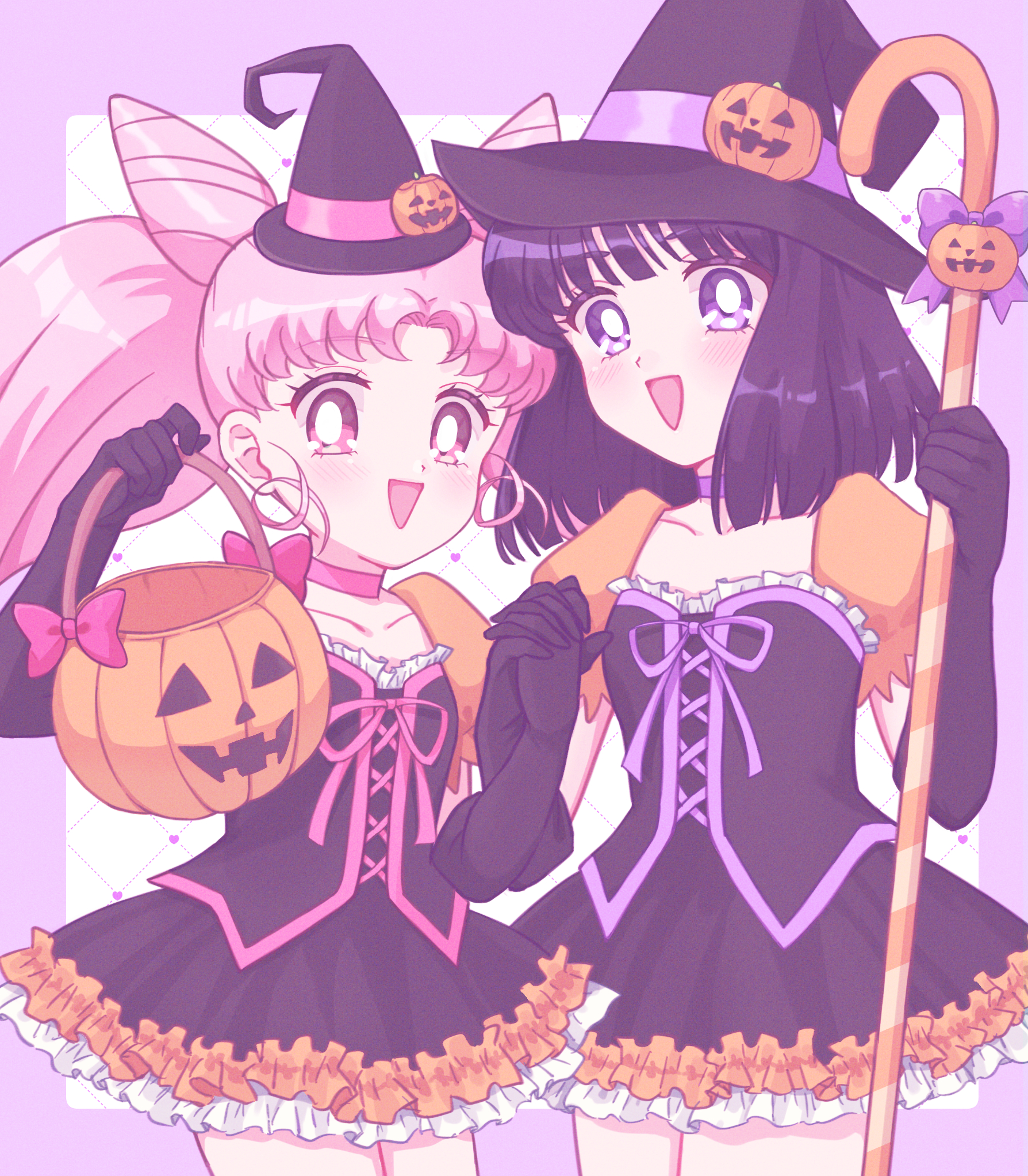 yumemexx, chibi usa, tomoe hotaru, adult swim, bishoujo senshi sailor moon, bishoujo senshi sailor moon r, bishoujo senshi sailor moon r: the movie, bishoujo senshi sailor moon s, bishoujo senshi sailor moon s the movie: kaguya-hime no koibito, bishoujo senshi sailor moon supers, bishoujo senshi sailor moon supers the movie: sailor 9 senshi shuuketsu! black dream hole no kiseki, toei company, toonami, highres, 2girls, black hair, halloween, halloween bucket, halloween costume, multiple girls, pink hair, purple eyes, red eyes, viz media
