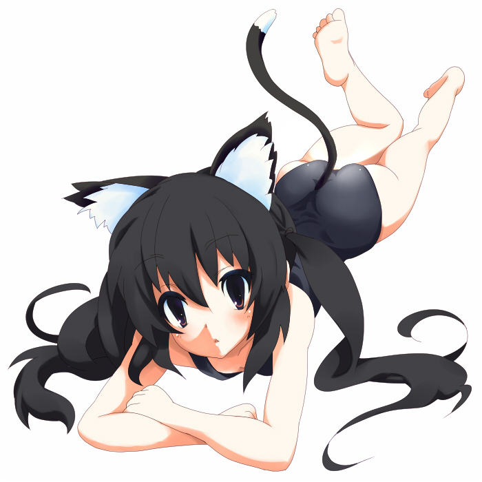 sora to umi, nakano azusa, k-on!, 00s, 1girl, animal ears, ass, barefoot, black hair, cat ears, cat girl, cat tail, feet, female focus, full body, long hair, lying, on stomach, one-piece swimsuit, red eyes, school swimsuit, simple background, slit pupils, solo, swimsuit, tail, twintails, white background