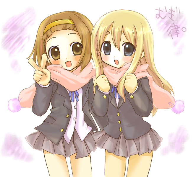 mikurun (otome no hanikami), kotobuki tsumugi, tainaka ritsu, k-on!, bad id, bad pixiv id, 00s, 2girls, artistic error, blonde hair, blue eyes, brown eyes, brown hair, hairband, long hair, multiple girls, scarf, school uniform, shared clothes, shared scarf, short hair, v