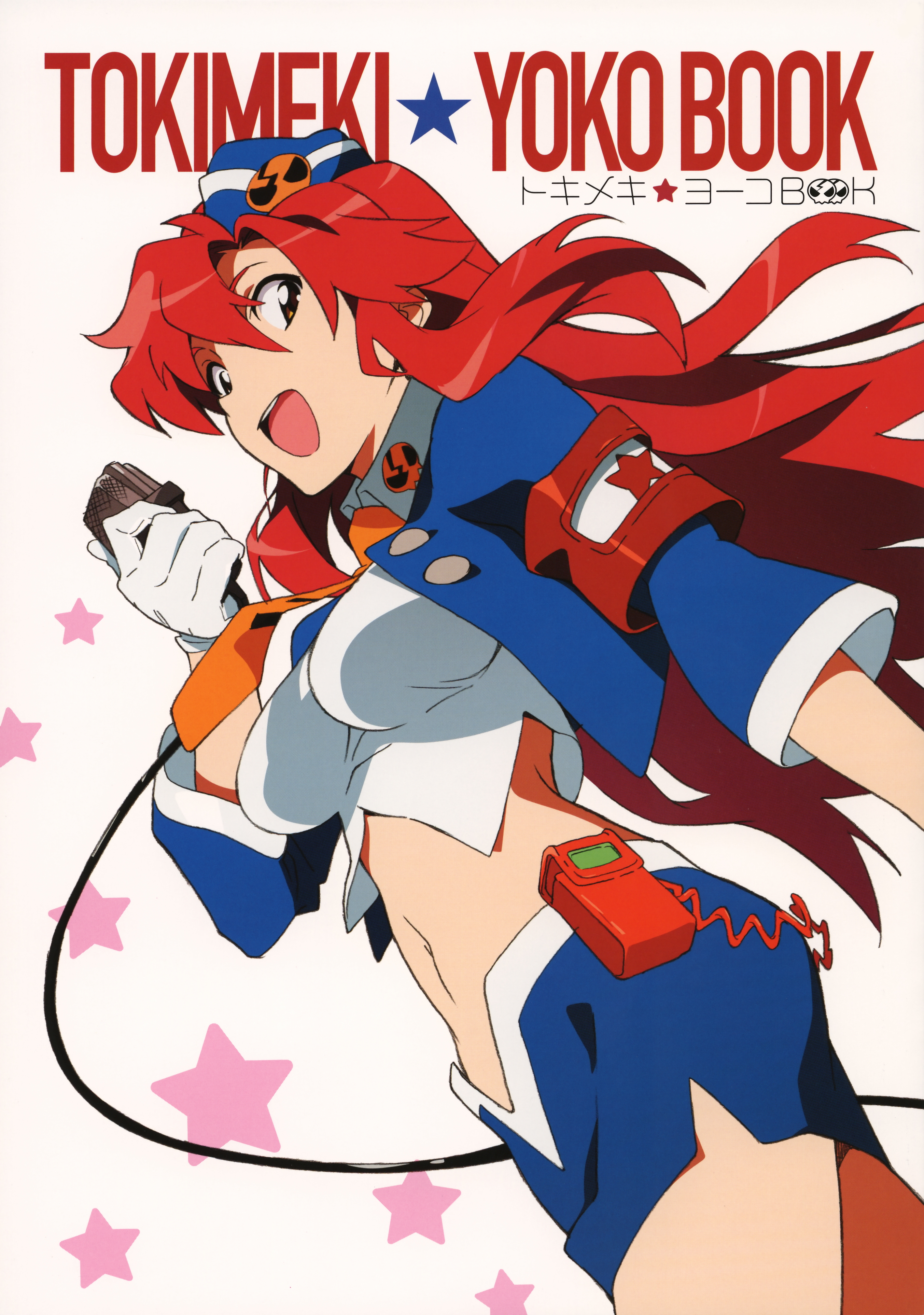 nishigori atsushi, yoko littner, pieces of sweet stars, tengen toppa gurren lagann, absurdres, anime screenshot, highres, huge filesize, official art, 00s, 1girl, airline attendant, alternate hairstyle, armband, badge, female focus, flight attendant, garrison cap, gloves, hair down, hat, long hair, microphone, midriff, miniskirt, music, navel, necktie, pencil skirt, red hair, singing, skirt, skull, smile, solo, star (symbol), travel attendant, very long hair, white gloves, yellow eyes