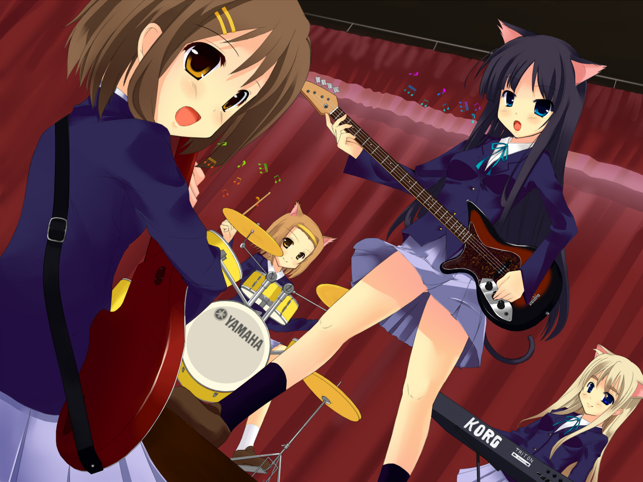 arisu, akiyama mio, hirasawa yui, kotobuki tsumugi, tainaka ritsu, k-on!, 00s, 4girls, animal ears, cat ears, drum, drum set, dutch angle, guitar, hairclip, ho-kago tea time, instrument, multiple girls, musical note, parallel hairclips, school uniform, synthesizer