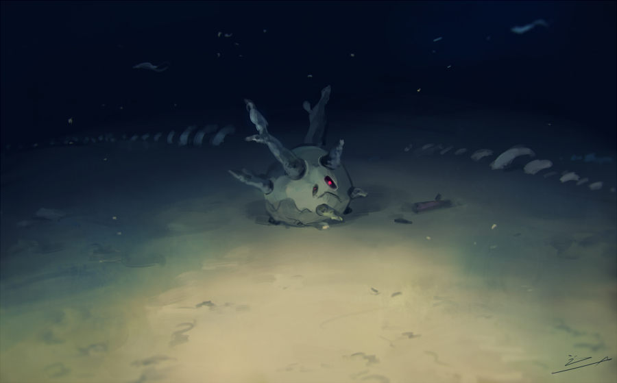 koto inari, galarian corsola, nintendo, pokemon, commentary request, dark background, deep sea, fish skeleton, frown, galarian form, gen 8 pokemon, glowing, glowing eyes, looking at viewer, no humans, pink eyes, pokemon (creature), seafloor, underwater
