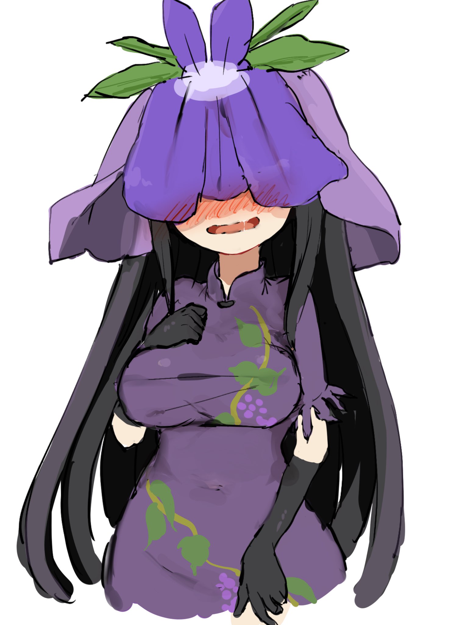 tungsten mochoo, yomotsu hisami, touhou, commentary request, highres, 1girl, black gloves, black hair, blush, breasts, covered navel, dress, elbow gloves, gloves, hand on own chest, hand on own thigh, headdress, large breasts, long hair, parted lips, purple dress, saliva, short sleeves, solo, thighs, very long hair