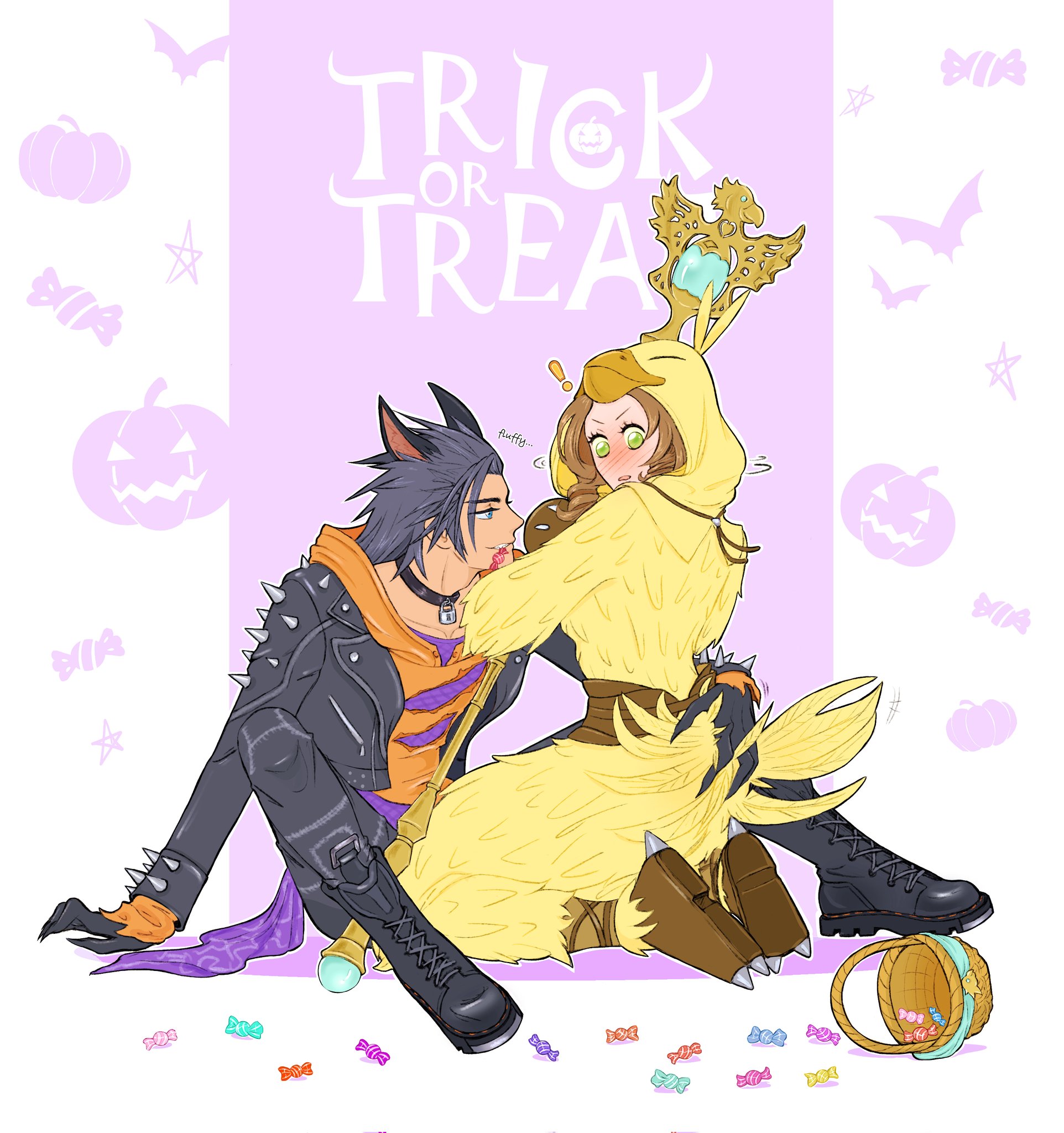 anna m, aerith gainsborough, aerith gainsborough (chocobo suit), zack fair, zack fair (black hound), final fantasy, final fantasy vii, final fantasy vii ever crisis, commentary, highres, !, 1boy, 1girl, animal collar, animal ears, animal hood, bat (animal), black boots, black collar, black gloves, black hair, black jacket, black pants, blue eyes, blush, boots, brown boots, brown hair, candy, claws, collar, cosplay, curly hair, dog ears, feathers, food, full body, gloves, grabbing another's ass, green eyes, grin, groping, hair slicked back, half-closed eyes, halloween, hands up, hetero, holding, holding staff, hood, hood down, hood up, hoodie, jack-o'-lantern, jacket, kemonomimi mode, kigurumi, kneeling, leaning forward, leather, leather jacket, lock, long hair, mage staff, nose blush, official alternate costume, open clothes, open jacket, open mouth, orange hoodie, outline, padlock, padlocked collar, pants, purple background, sidelocks, sitting, smile, spiked hair, spiked jacket, spread legs, staff, star (symbol), torn clothes, trick or treat, white outline, wicker basket, yellow feathers