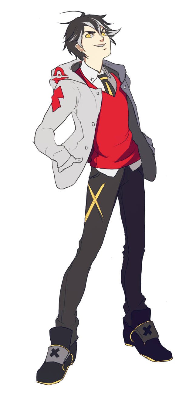 graveweaver, original, highres, 1boy, :d, black hair, black necktie, collared shirt, full body, grin, hands in pockets, head tilt, jacket, looking at viewer, male focus, narrowed eyes, necktie, open mouth, red vest, shirt, smile, solo, spread legs, two-tone necktie, vest, white hair, white jacket, white shirt, white streaks, yellow eyes, yellow necktie