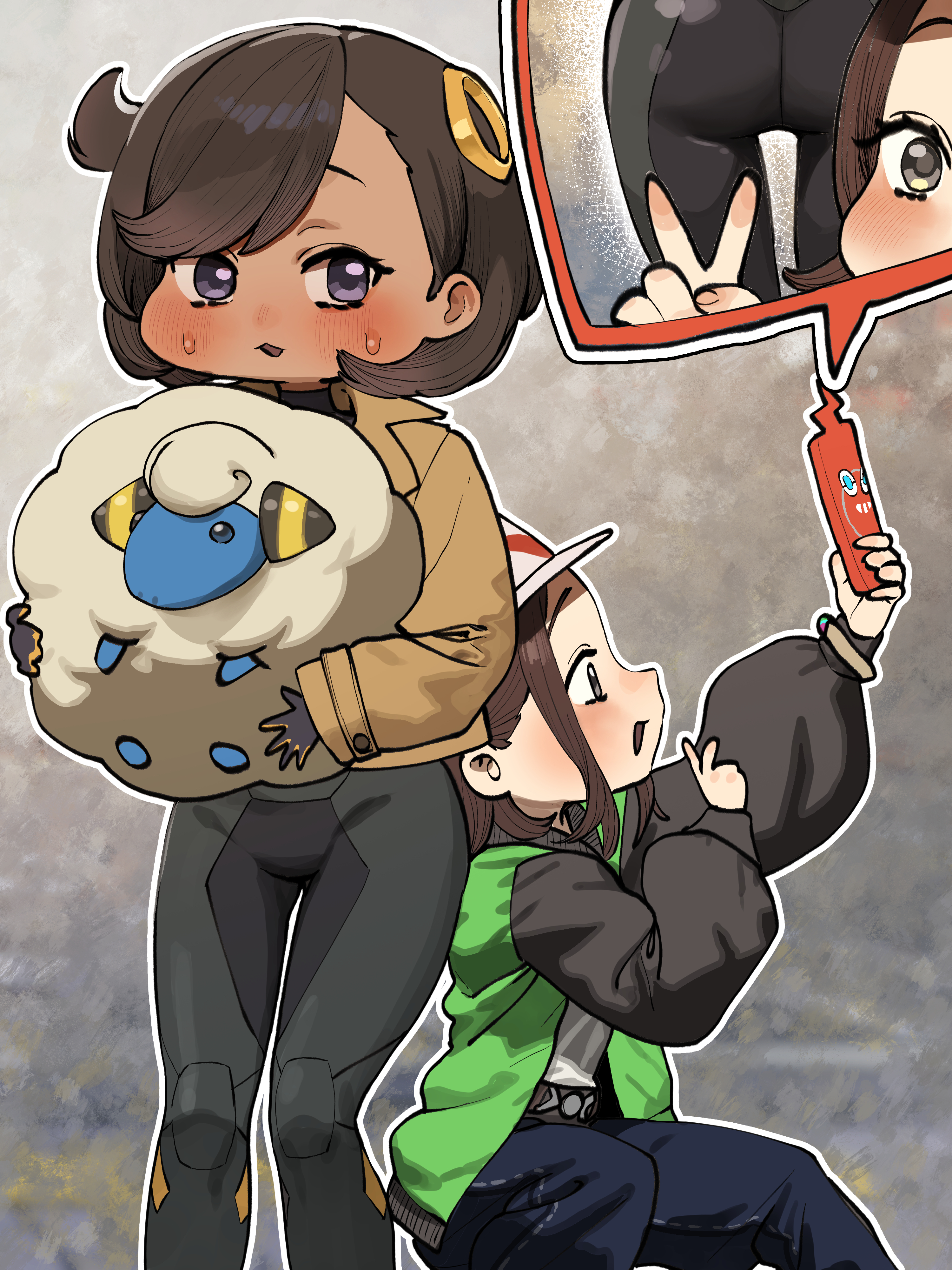 chroong, emma (pokemon), harmony (pokemon), rotom, rotom phone, nintendo, pokemon, pokemon legends: z-a, absurdres, commentary request, highres, korean commentary, 2girls, ass, black bodysuit, black jacket, blue pants, blush, bodysuit, brown coat, brown hair, coat, creature, gen 4 pokemon, green jacket, holding, holding creature, jacket, long sleeves, multicolored jacket, multiple girls, pants, pokemon (creature), purple eyes, selfie, short hair, squatting, standing, two-tone jacket, v