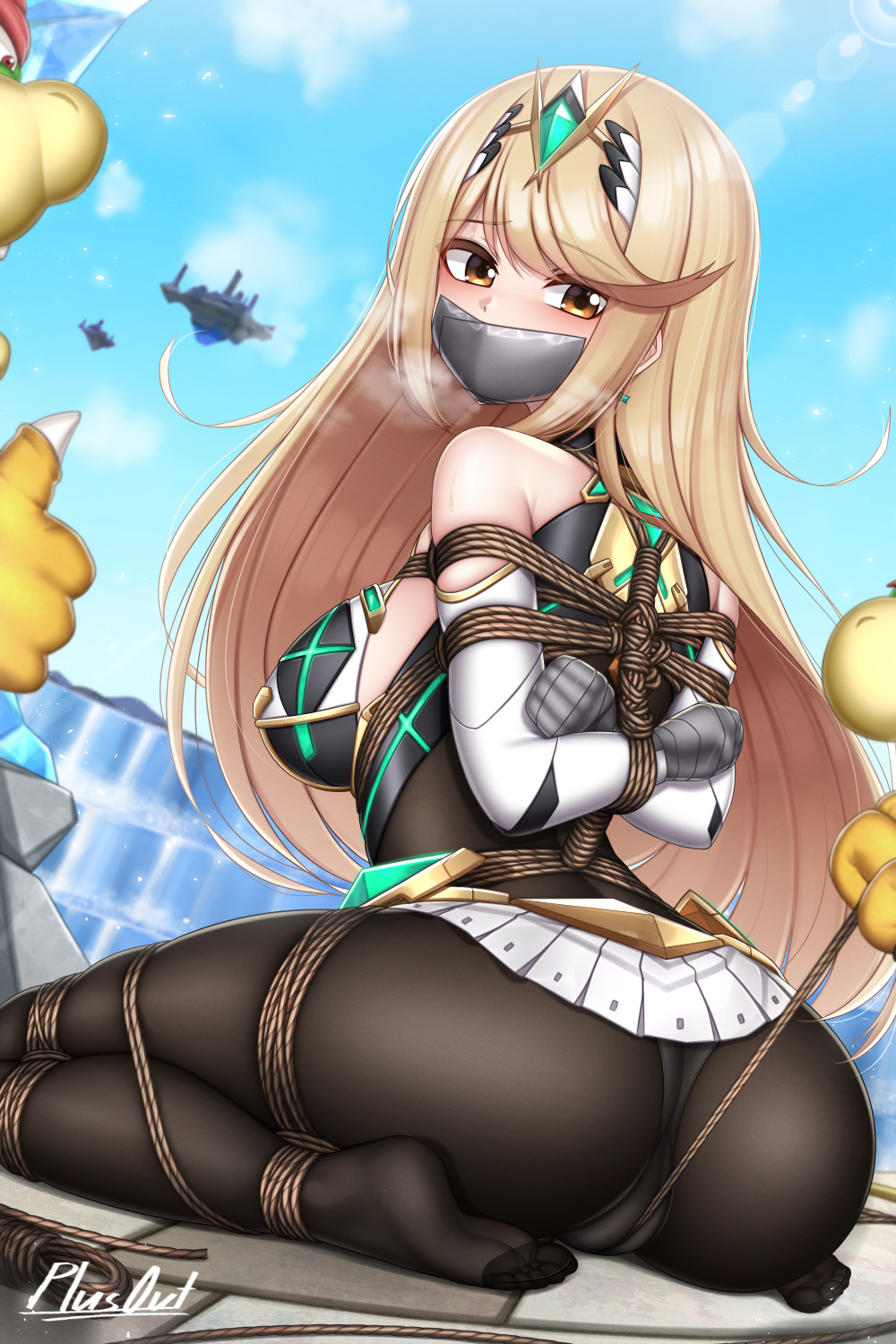 plusout, bowser, bowser jr., nintendo, super smash bros., xenoblade chronicles (series), xenoblade chronicles 2, highres, 1girl, 2boys, arms behind back, ass, bdsm, black pantyhose, blonde hair, bondage, bound, breasts, brown eyes, crotch rope, gag, improvised gag, large breasts, long hair, looking at viewer, microskirt, multiple boys, panties, pantyhose, restrained, shibari, shibari over clothes, skirt, tape, tape gag, underwear, white panties, white skirt