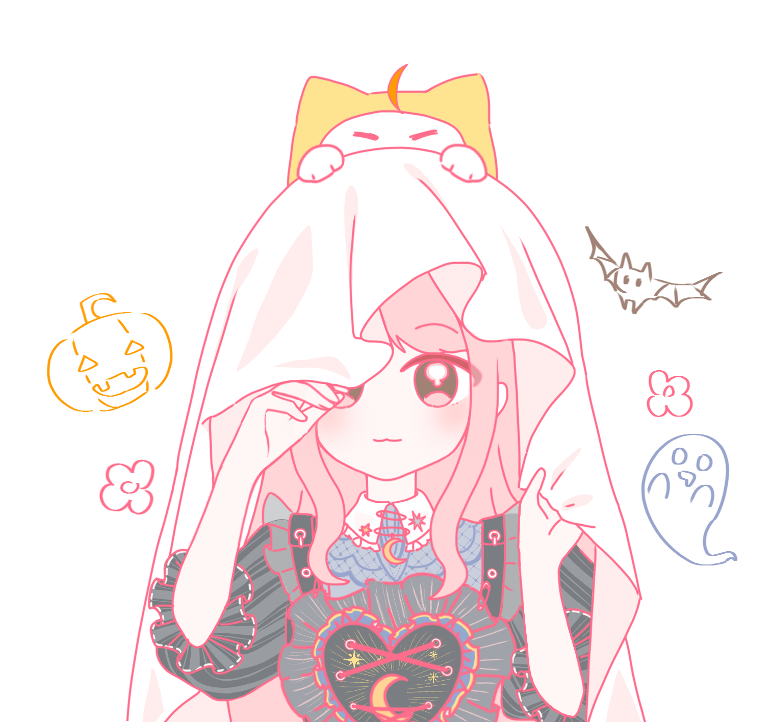 momo (nikki), nikki (nikki), infinity nikki, nikki (series), chinese commentary, commentary request, highres, 1girl, :3, = =, ahoge, animal, animal on head, bat (animal), black shirt, blanket, blue shirt, brown eyes, cat, closed mouth, clothed animal, collared shirt, crescent print, cross-laced clothes, cross-laced top, dream-like night (infinity nikki), ear covers, eyes visible through hair, flat color, flower, frilled shirt, frilled shirt collar, frilled sleeves, frills, ghost, halloween, happy, hood, hood up, jack-o'-lantern, layered shirt, light blush, long hair, on head, one eye covered, pink hair, print shirt, puffy short sleeves, puffy sleeves, shirt, short sleeves, sidelocks, simple background, smile, straight-on, tazi9751, upper body, vertical-striped sleeves, very long hair, wavy hair, white background, white cat, yellow hood