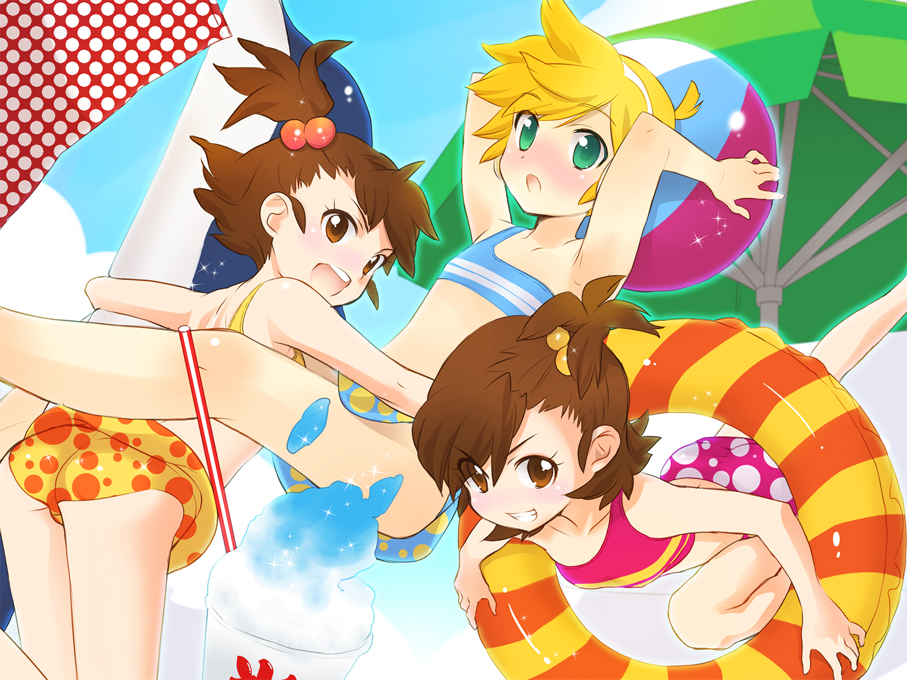 kirimomimomi, futami ami, futami mami, kagamine len, shimoda asami, idolmaster, idolmaster (classic), vocaloid, striped, bad id, bad pixiv id, 00s, 1boy, 2girls, ball, beachball, bikini, blonde hair, brown eyes, brown hair, child, crossdressing, crossover, food, green eyes, hair bobbles, hair ornament, innertube, multiple girls, polka dot, polka dot bikini, polka dot swimsuit, shaved ice, siblings, side ponytail, sisters, swim ring, swimsuit, trap, twins, voice actor connection