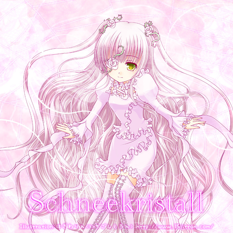 15citron, kirakishou, rozen maiden, bad id, bad pixiv id, 00s, 1girl, boots, dress, eyepatch, female focus, flower, frills, green eyes, long hair, pink hair, plant, rose, solo, thigh boots, thighhighs, twintails, very long hair, vines