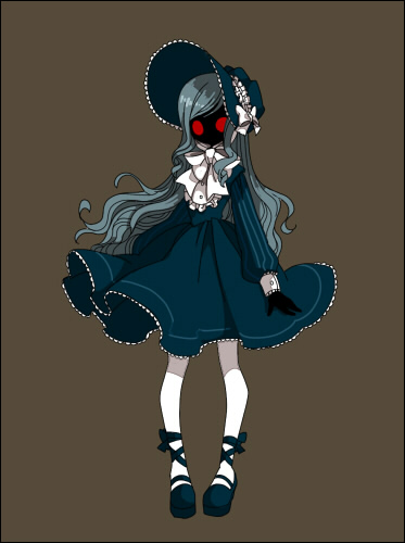 yamipika, liddell (pop'n music), bemani, pop'n music, commentary request, lowres, 1girl, ankle ribbon, black skin, blue bonnet, blue dress, blue hair, blue shoes, bonnet, bow, bowtie, brown background, colored skin, dress, full body, hat, hat bow, leg ribbon, long hair, long sleeves, pantyhose, red eyes, ribbon, shoes, simple background, solid circle eyes, solo, white bow, white bowtie, white pantyhose