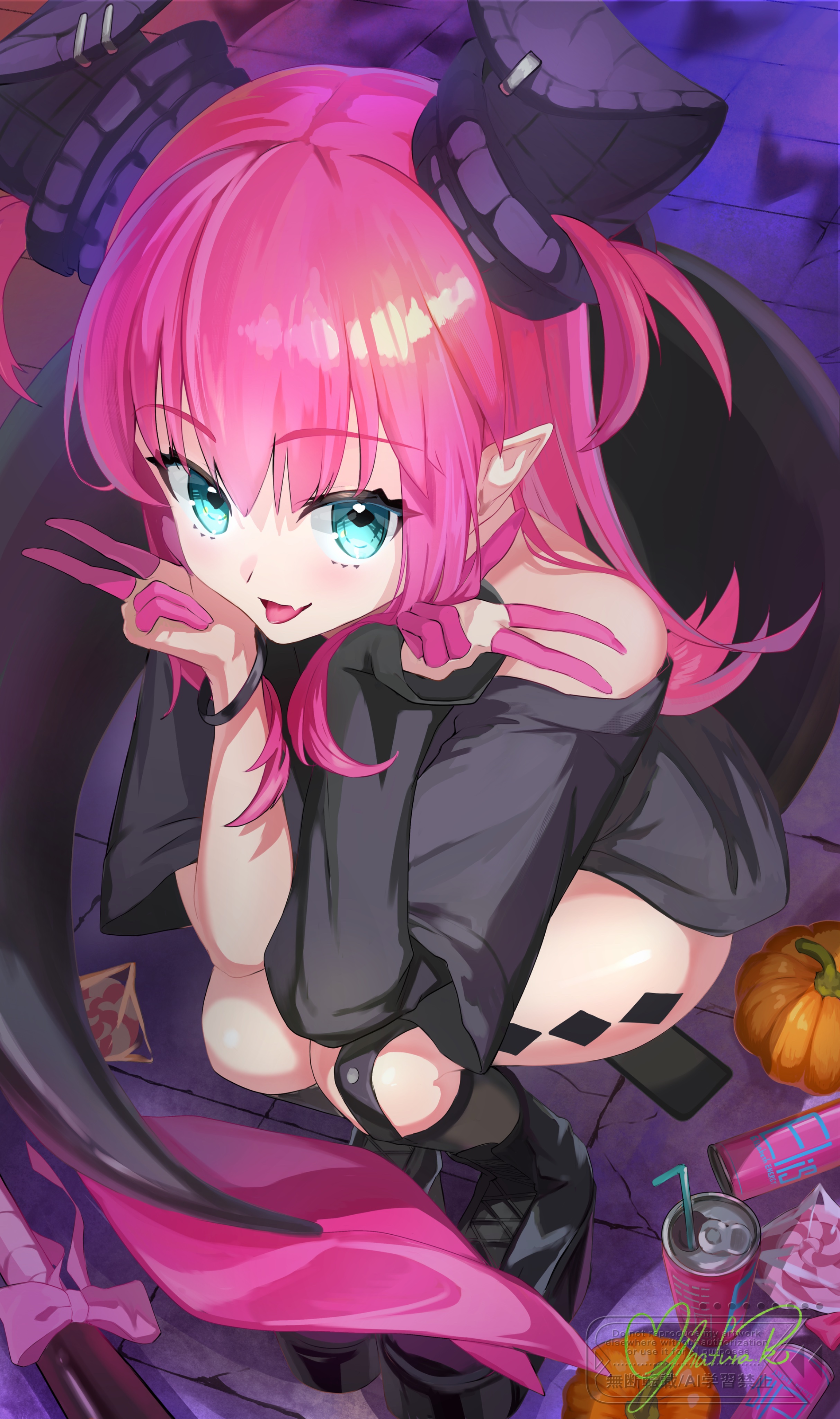 shafurakafusha, elizabeth bathory (fate), fate/grand order, fate (series), absurdres, highres, 1girl, baseball bat, black boots, black shirt, black shoes, blue eyes, body markings, boots, bracelet, colored fingertips, cup, disposable cup, double v, dragon girl, dragon horns, dragon tail, drinking straw, elizabeth bathory (perfect) (fate), elizabeth bathory (perfect) (first ascension) (fate), horns, jewelry, kneehighs, legwear garter, long hair, long shirt, looking at viewer, nail (hardware), nail bat, open mouth, pink hair, pointy ears, pumpkin, ribbon, ring, shirt, shoes, single legwear garter, socks, soda, solo, streetwear, t-shirt, tachi-e, tail, v, very long hair