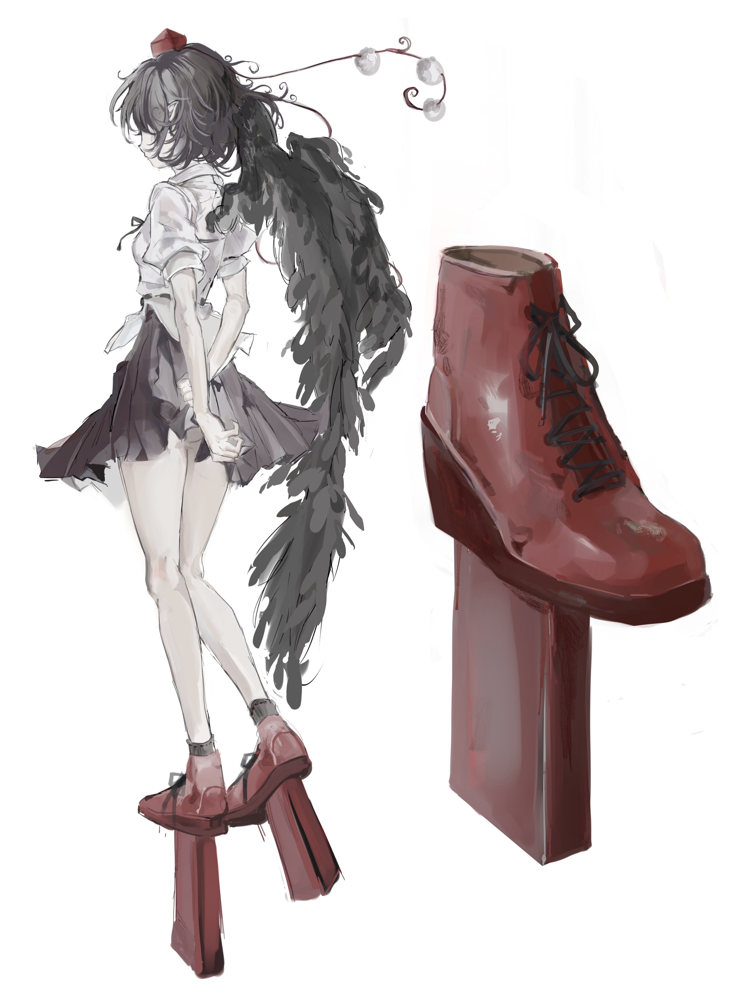 sesmkun, shameimaru aya, touhou, absurdres, highres, arms behind back, black hair, black skirt, black wings, floating clothes, from behind, full body, geta, hat, legs, medium hair, pointy ears, pom pom (clothes), shirt, short sleeves, skirt, tengu-geta, thighs, tokin hat, white background, white shirt, wings