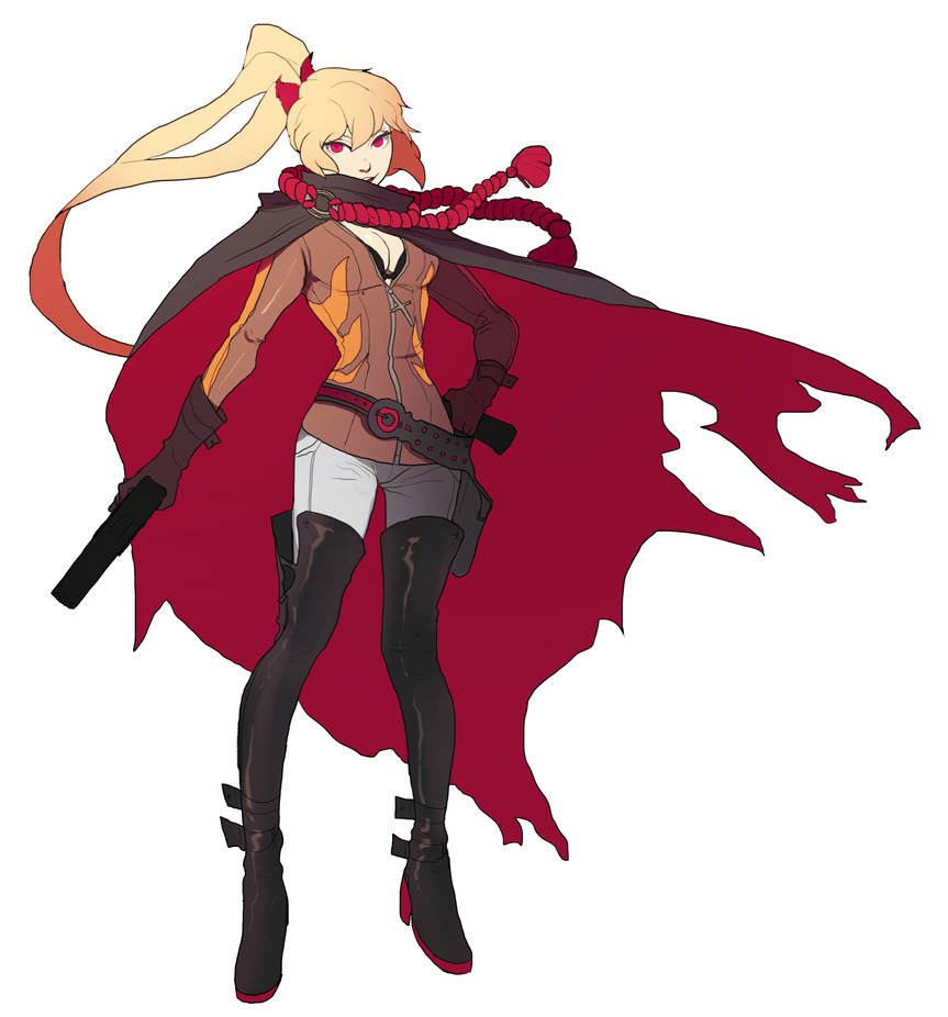 graveweaver, original, 1girl, black cloak, blonde hair, boots, brown gloves, cloak, double-parted bangs, dual wielding, elbow gloves, full body, gloves, gun, hand on own hip, handgun, high ponytail, holding, holding gun, holding weapon, looking at viewer, pantyhose, ponytail, red eyes, rope, scarf, smirk, solo, thigh boots, torn clothes, weapon, white pantyhose, wind, wind lift
